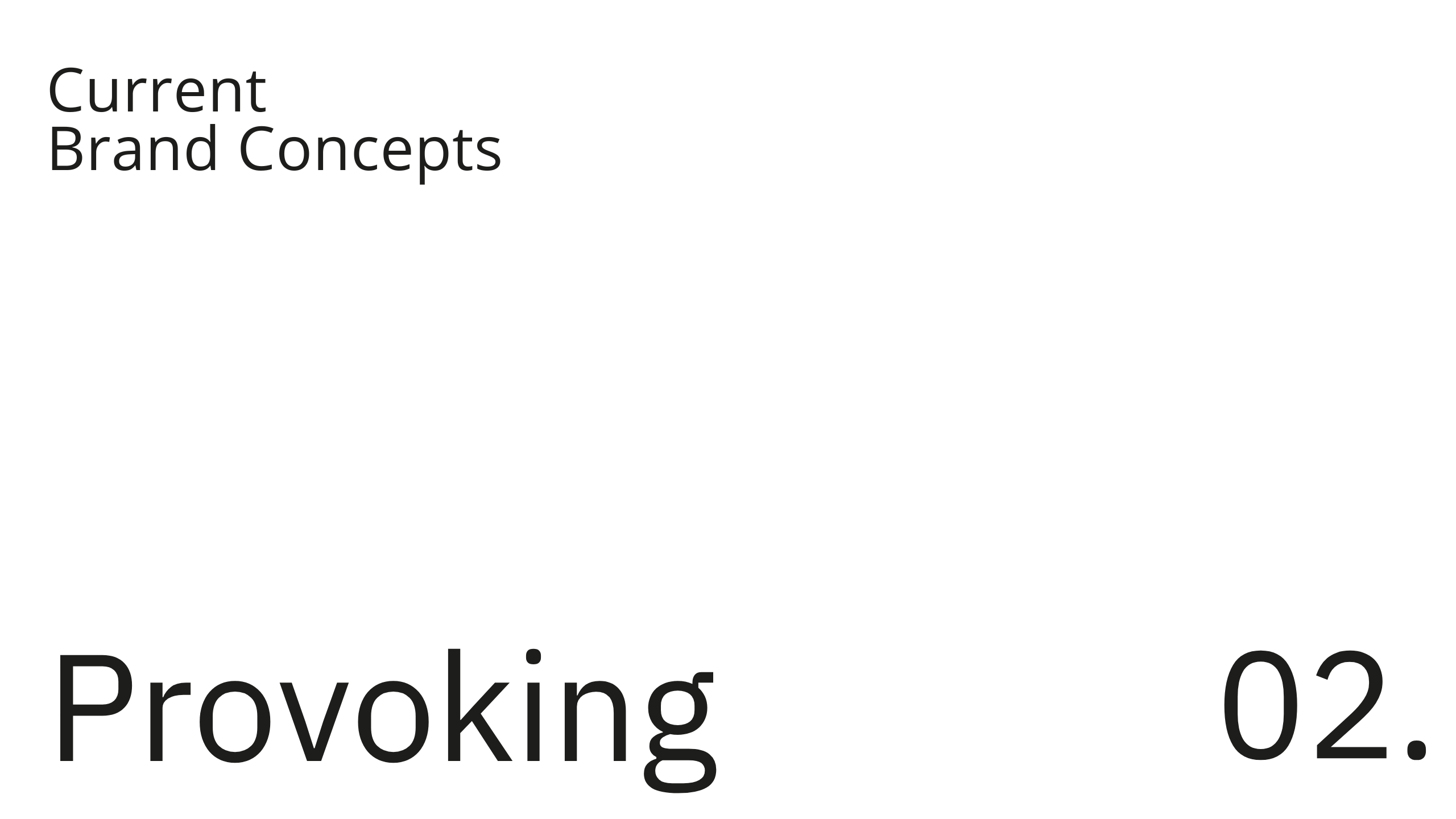 White slide with the words “Current Brand Concepts” in the upper left, and large text at the bottom reading “Provoking 02.” in black font. The layout is minimal with ample white space.
