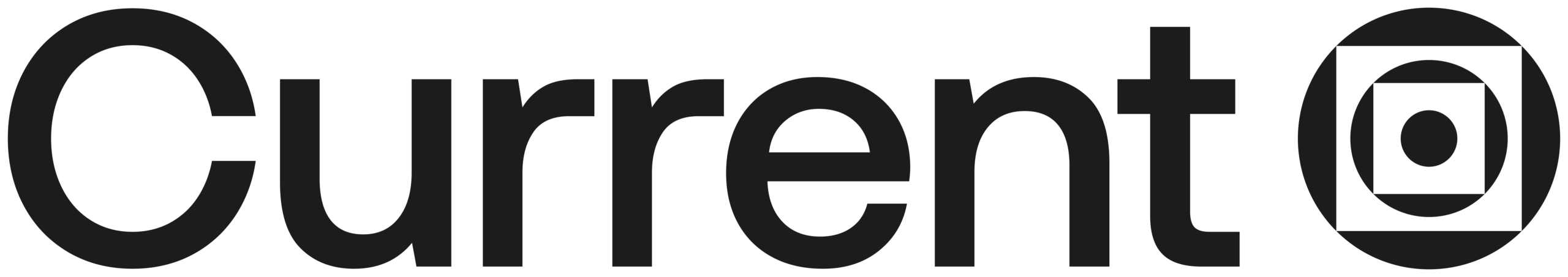 The word Current in bold black letters followed by a circular geometric logo with a dot in the center, surrounded by a square and another circle.