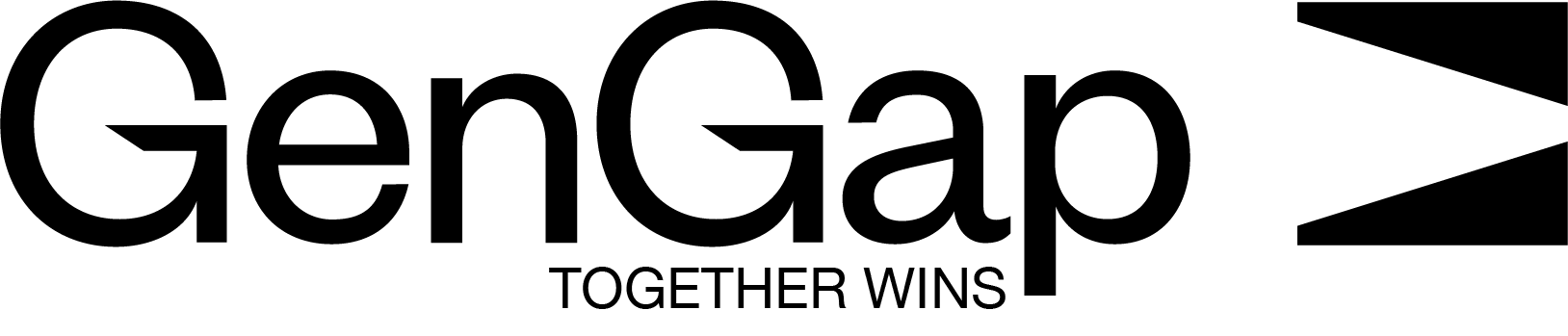 Black text reads “GenGap” with the words TOGETHER WINS underneath in smaller font. To the right, there is a large forward slash and greater-than symbol forming an abstract logo. The background is white.