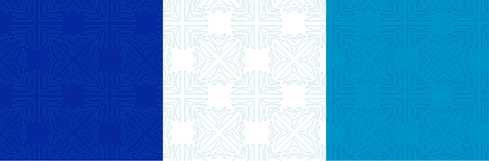 Three vertical panels in dark blue, white, and light blue, each featuring a repeating geometric pattern with symmetrical, line-based motifs. The design appears embossed or outlined on each colored background.