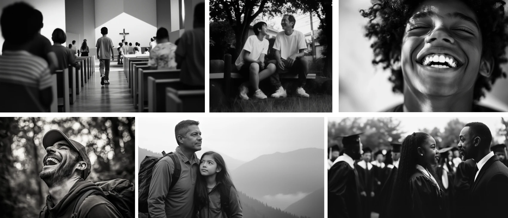 A collage of black and white photos: people walking into a church, two friends sitting outside, people laughing, a man and girl in the mountains, and two graduates smiling at each other.