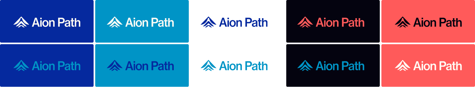 Nine Aion Path logos are displayed in different color schemes, each with a stylized arrow icon to the left of the text, on various colored backgrounds including blue, teal, gray, black, and coral.