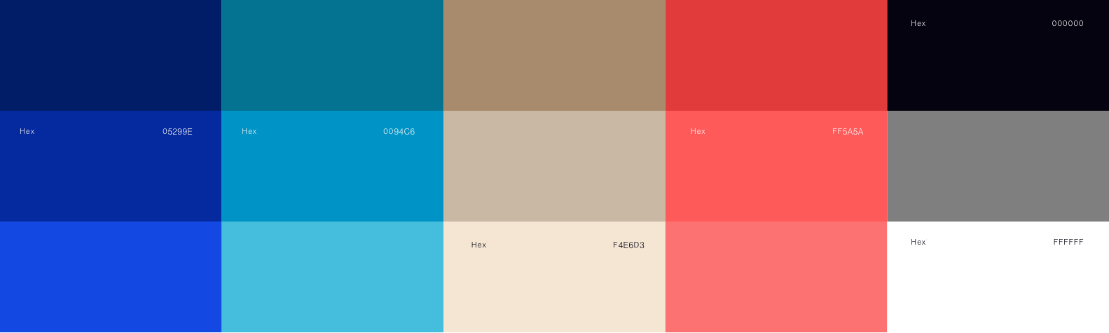 A grid of twelve color swatches, each labeled with a hex code. Colors range from dark blue, blue, cyan, tan, grey, red, black, and white. Each swatch is evenly spaced in three rows and four columns.