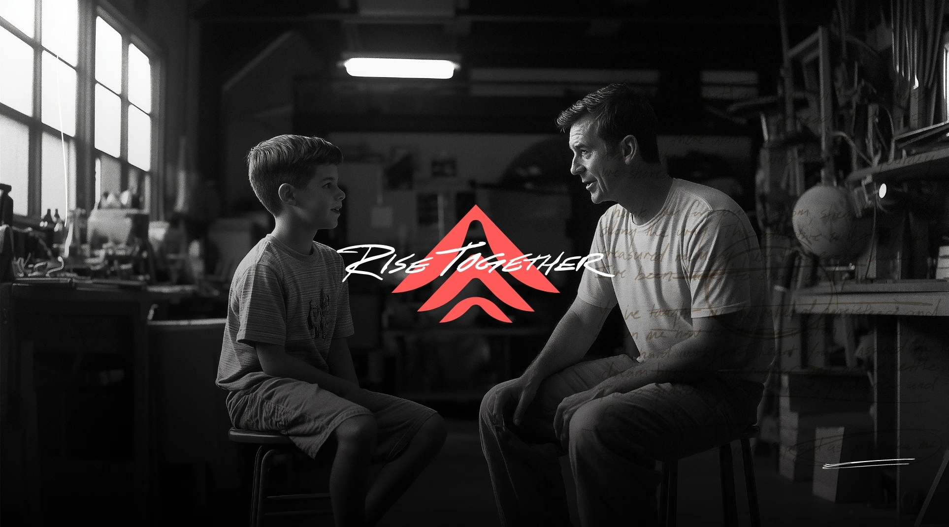 A man and a boy sit on stools facing each other in a workshop, smiling and talking. Sunlight streams through a window. The words Rise Together appear in the center with a red upward arrow icon behind the text.