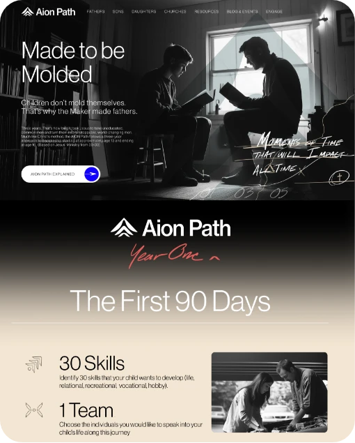 A website for Aion Path featuring a black-and-white image of a father and son building a model, with text about molding children, details about The First 90 Days, 30 skills, and team involvement.