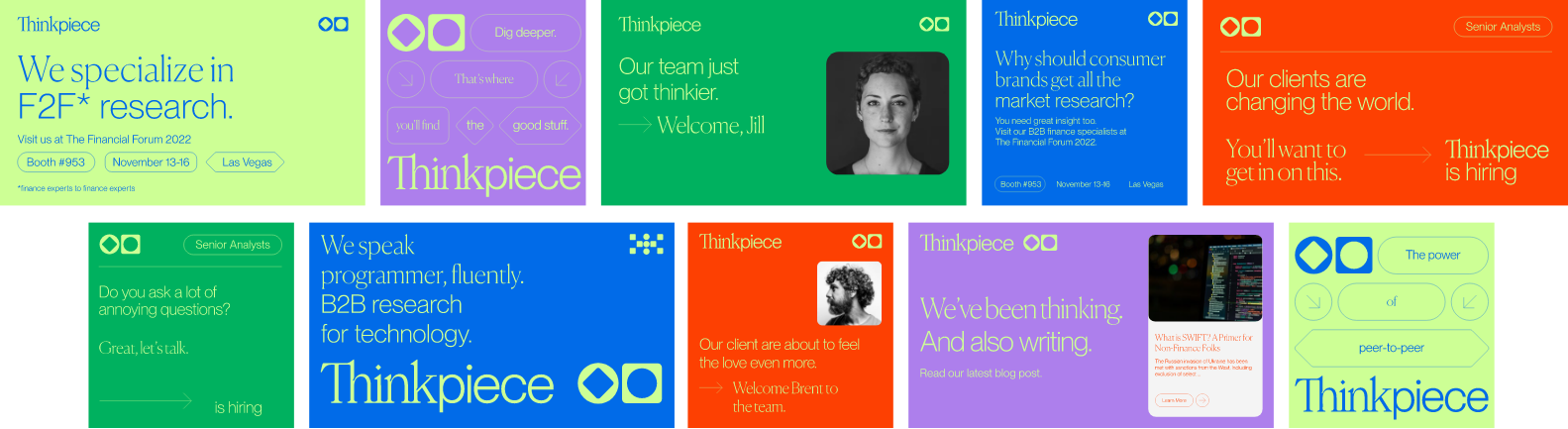 A colorful collage of website sections featuring bold text about research, client work, and hiring, with varied backgrounds in green, blue, red, purple, and turquoise. One section includes a black-and-white portrait of a woman.