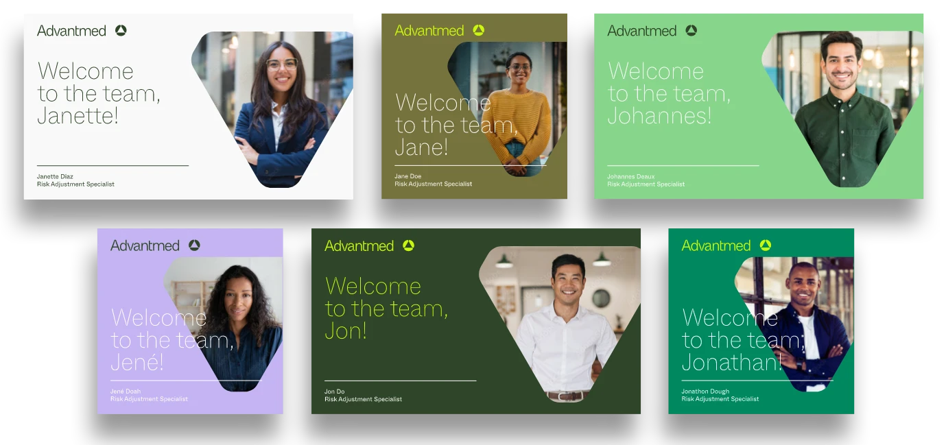 A collage of six welcome graphics introduces new team members at Advantmed: Janette, Jane, Johannes, Jeni, Jon, and Jonathan, each pictured smiling with their names and job titles displayed on colorful backgrounds.