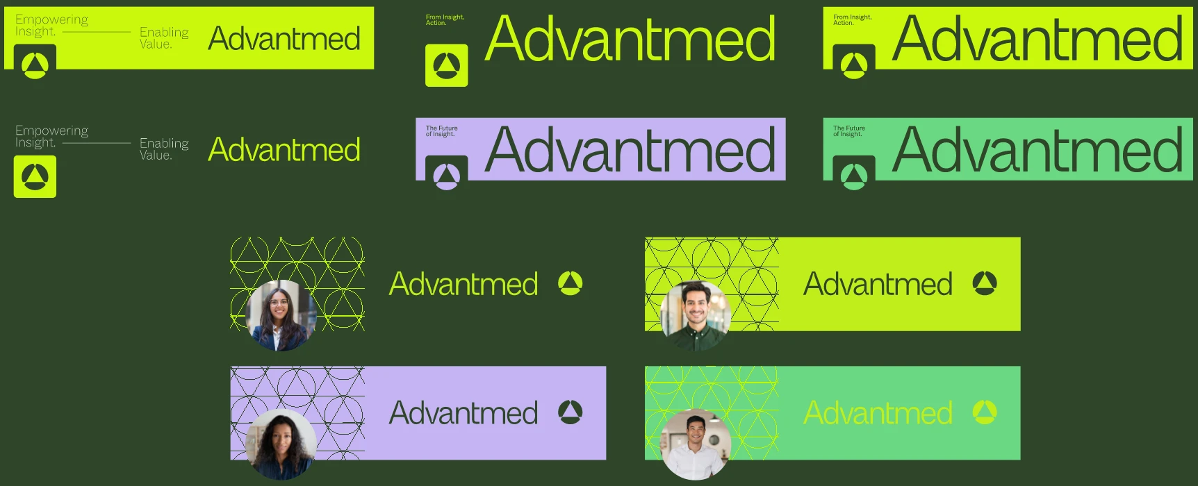 A collage of various Advantmed logos in different fonts and background colors, with geometric designs and small photos of four different people in some versions, all on a dark green background.