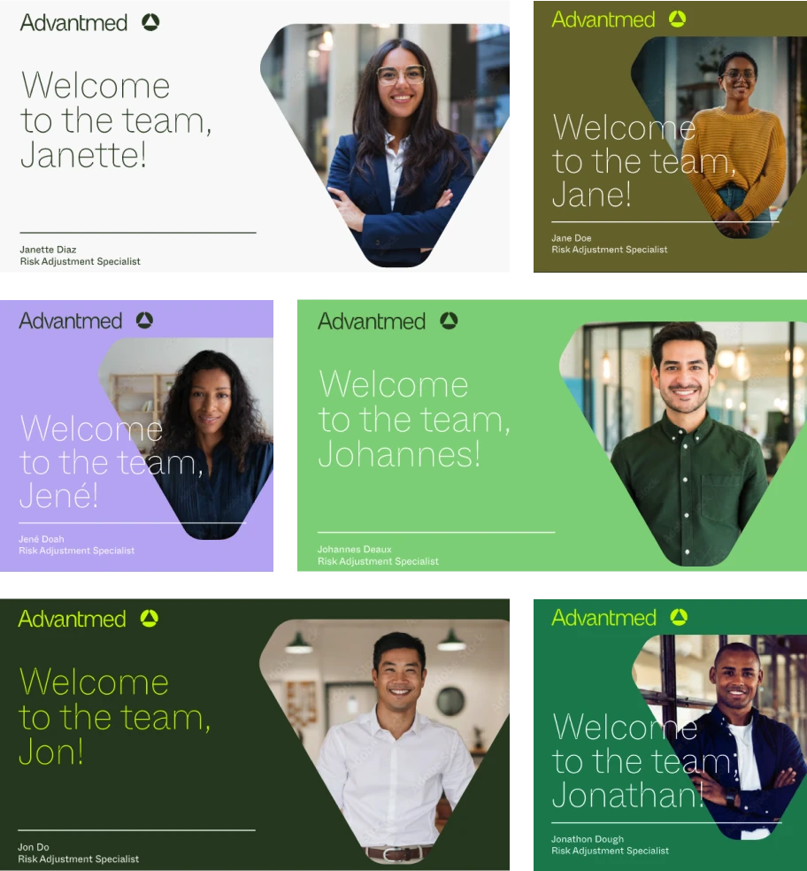 A collage of six Welcome to the team banners featuring diverse professionals smiling, each with their name, job title as Risk Adjustment Specialist, and the Advantmed logo on colorful backgrounds.