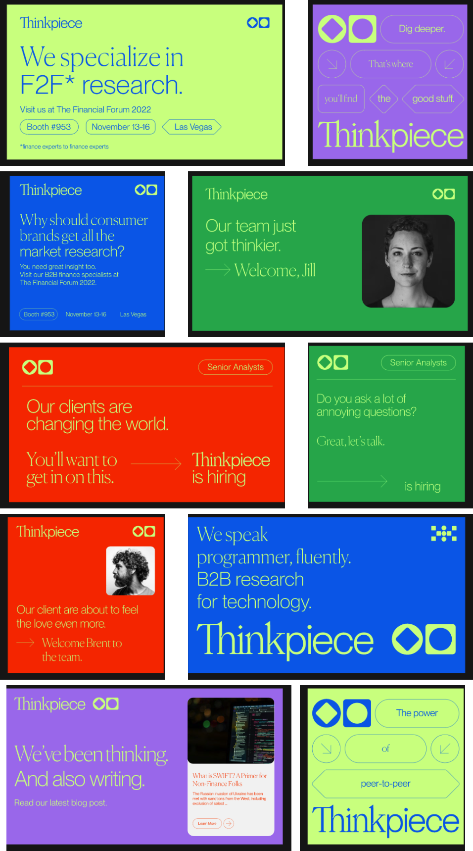 A collage of ten digital promotional cards for “Thinkpiece,” featuring bold text, colorful backgrounds, abstract shapes, and occasional photos. The cards advertise services, hiring, events, and company values in bright, modern designs.