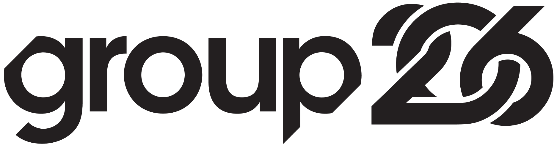 The image shows the text group 26 in bold, black, modern font. The number 26 is stylized, with the 6 looping around the lower part of the 2.