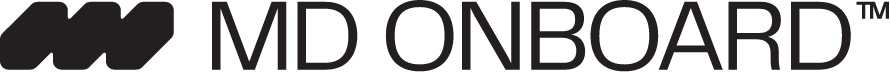 Logo featuring three black, angled shapes followed by the text MD ONBOARD™ in bold, black, uppercase letters on a white background.