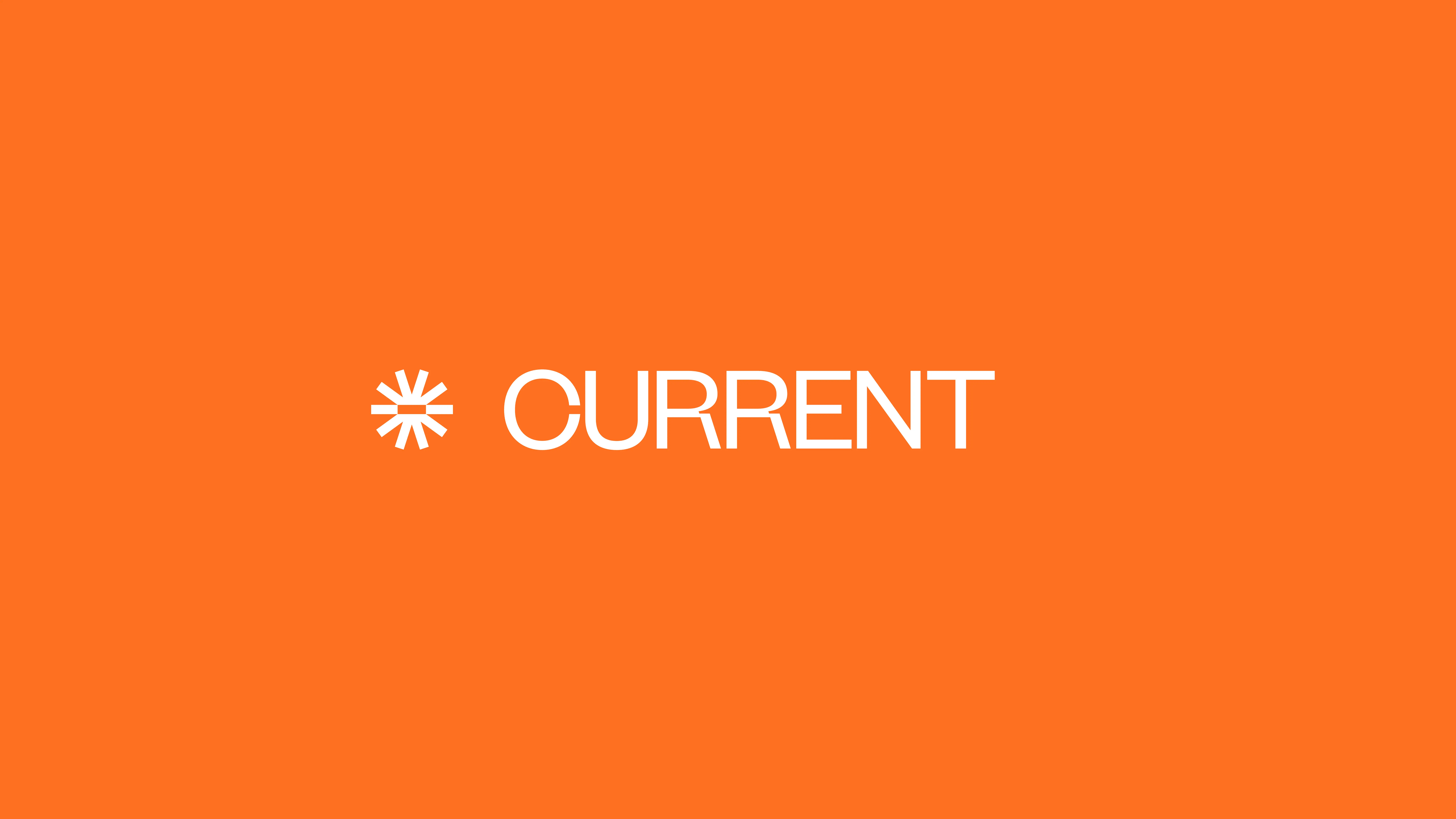 White asterisk-like symbol followed by the word CURRENT in white, all set against a bright orange background.