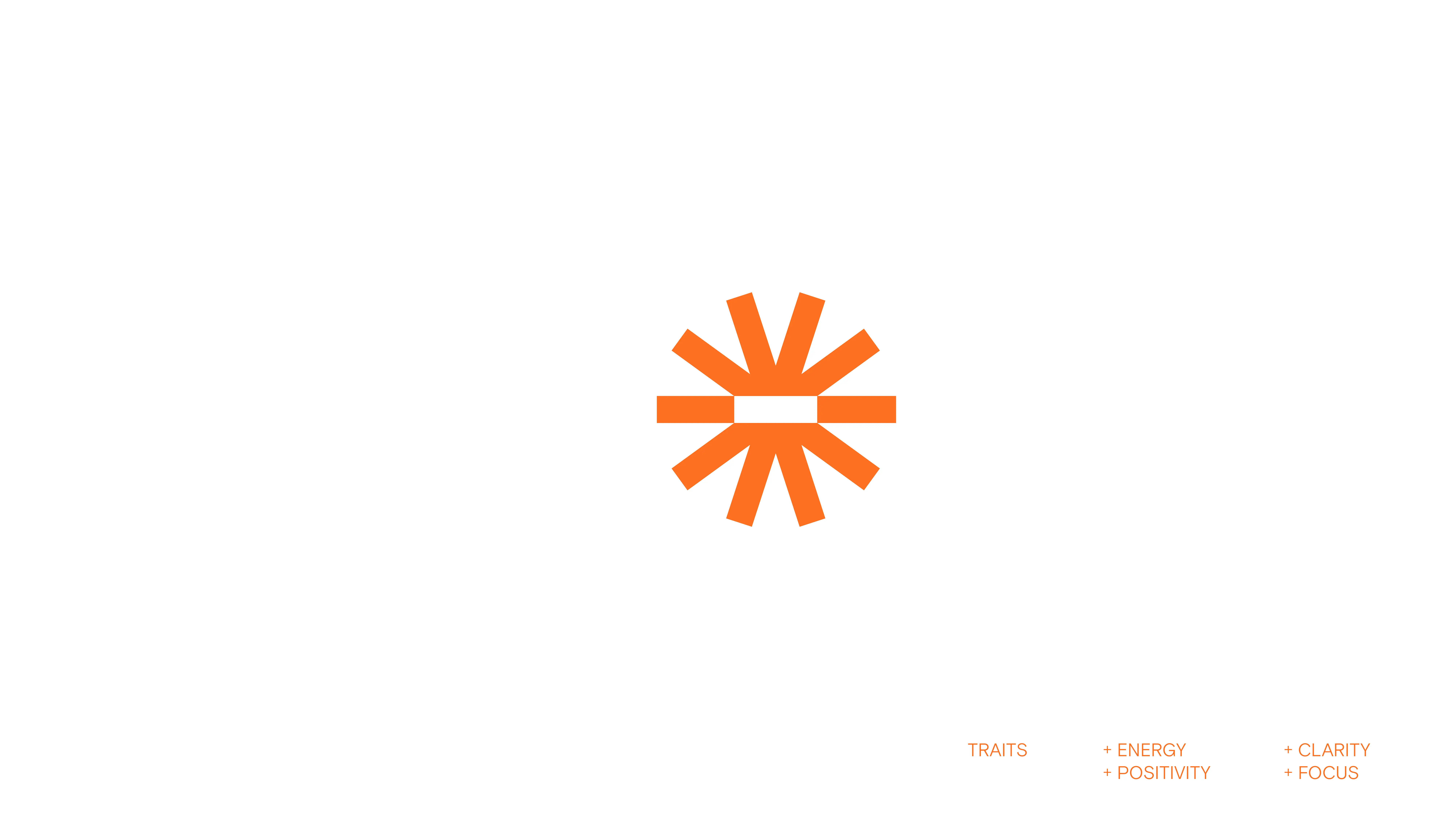 An orange geometric sunburst symbol with a horizontal line through the center is on a white background. In the bottom right, orange text reads: TRAITS + ENERGY + POSITIVITY + CLARITY + FOCUS.