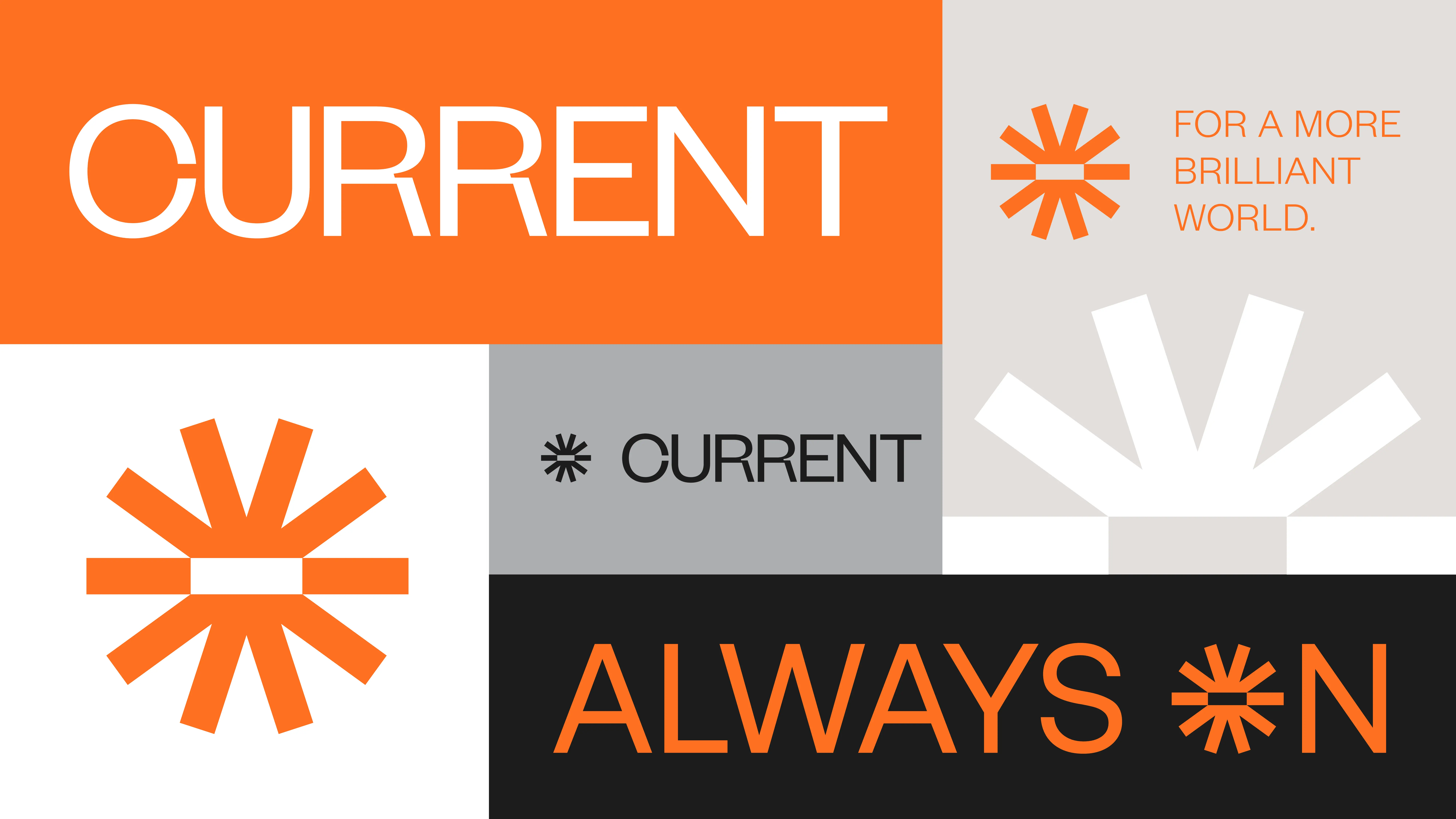A graphic design with orange, black, gray, and white blocks featuring the words CURRENT, ALWAYS ON, and FOR A MORE BRILLIANT WORLD, along with an orange asterisk-like logo.