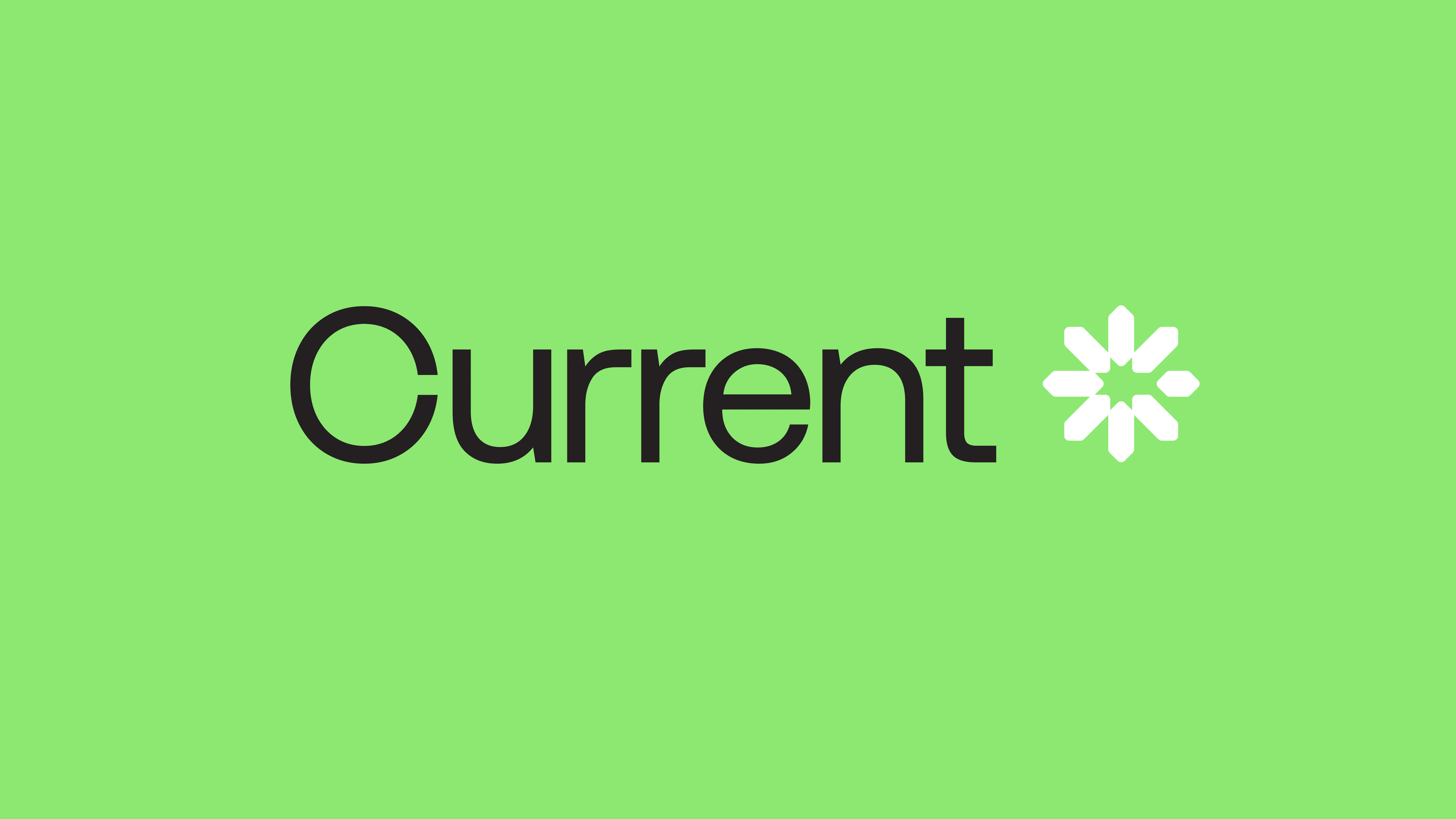 The word Current in bold black text with a white asterisk-like symbol next to it, displayed on a bright green background.