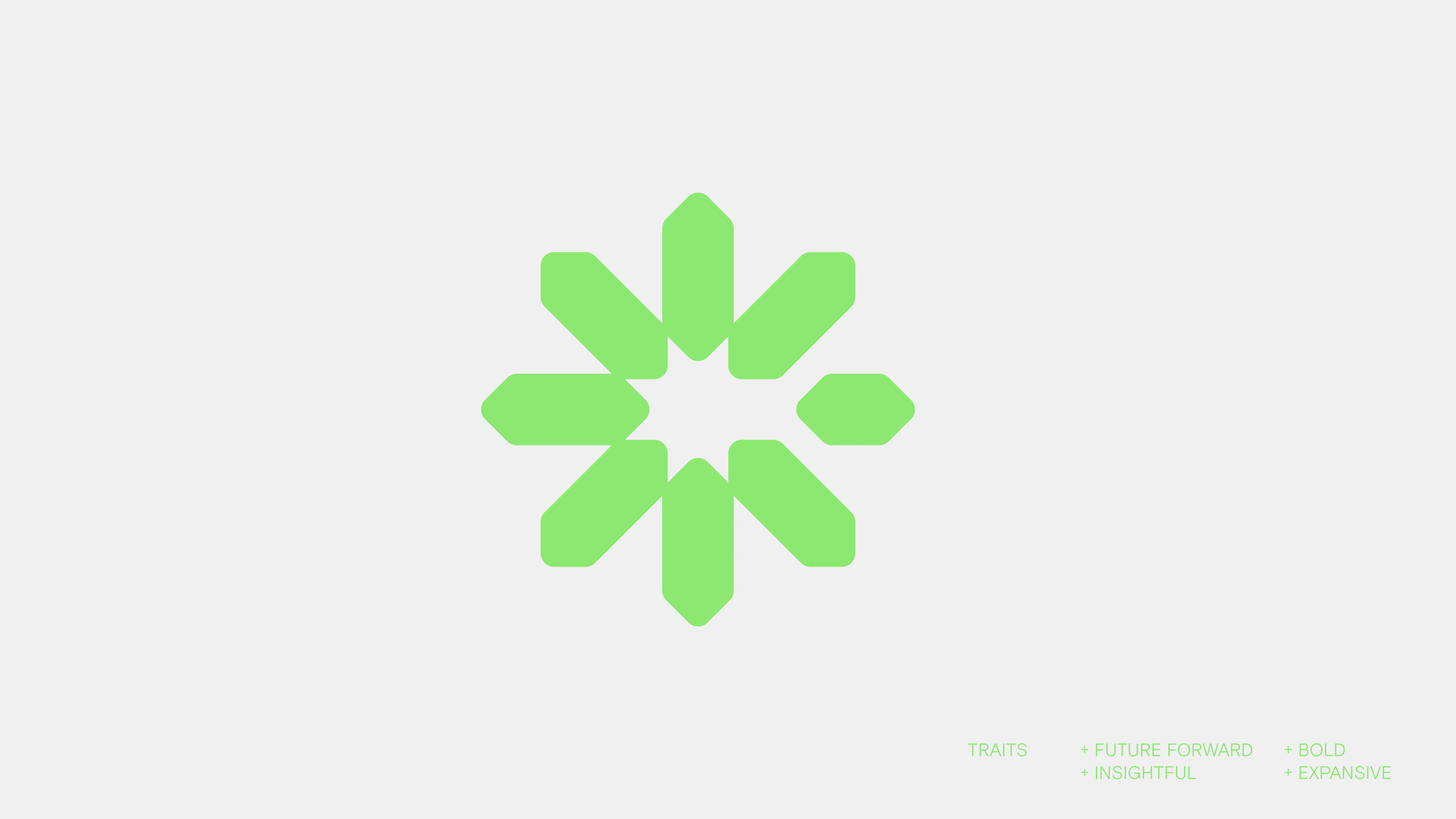 A green geometric starburst shape on a light gray background, with the words TRAITS: FUTURE FORWARD, INSIGHTFUL, BOLD, EXPANSIVE in small green text in the lower right corner.