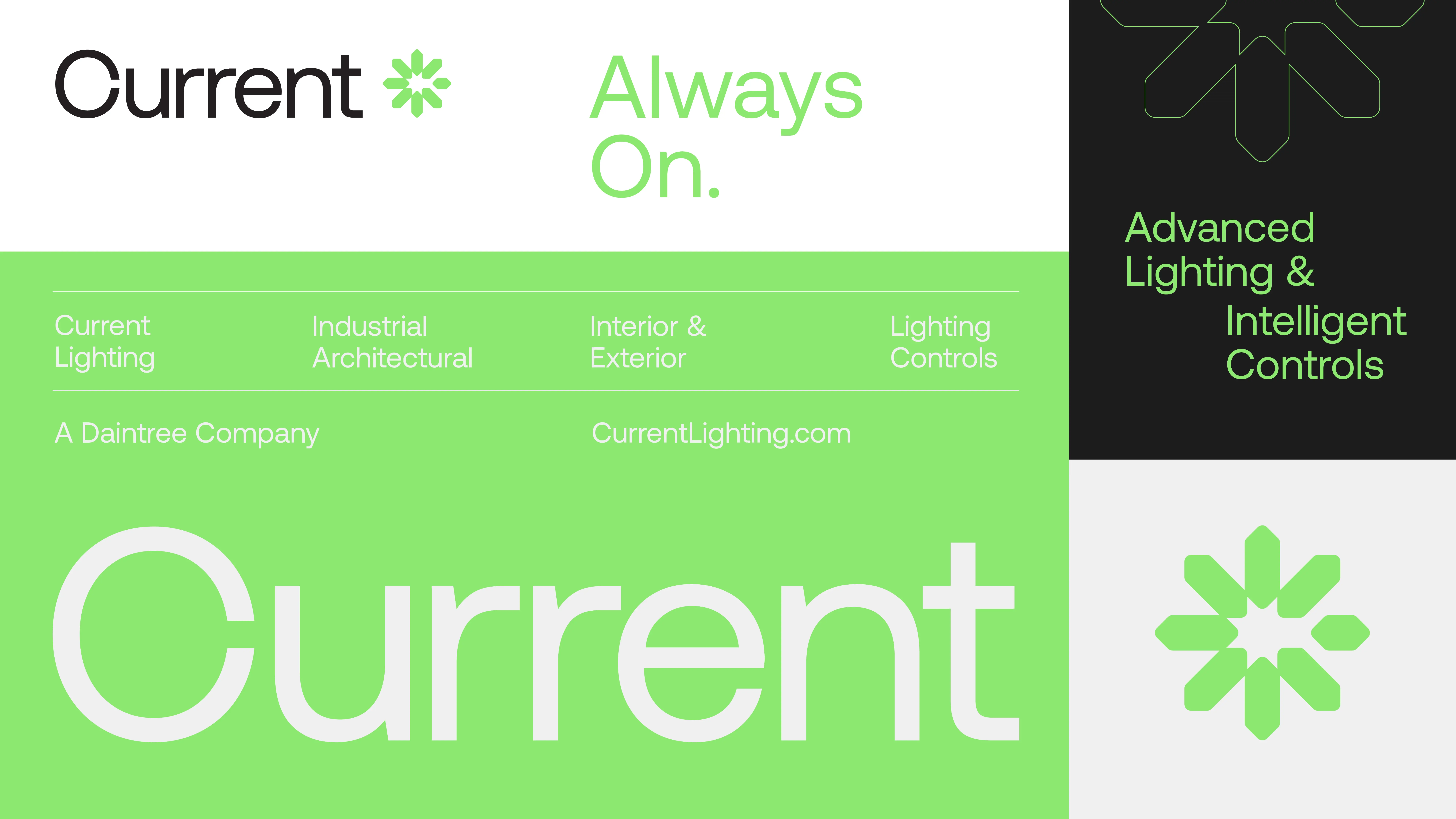 Marketing graphic for Current Lighting featuring the logo, green and black color blocks, the phrases “Always On.” and “Advanced Lighting & Intelligent Controls,” and categories like Industrial, Interior, and Lighting Controls.