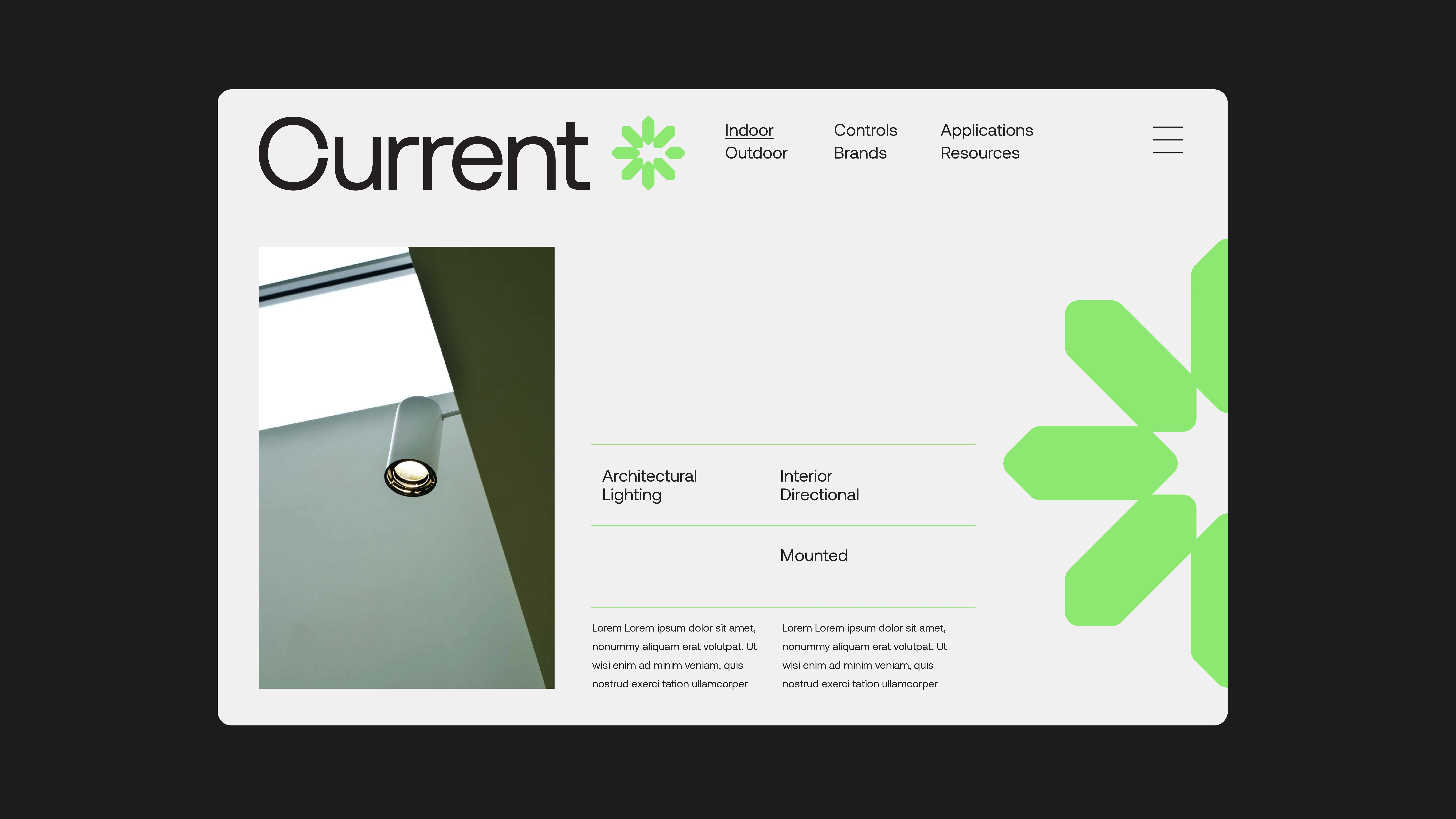 A modern website design mockup for a lighting company called Current, featuring a ceiling light photo, navigation links, green geometric accents, and sections for architectural lighting details.