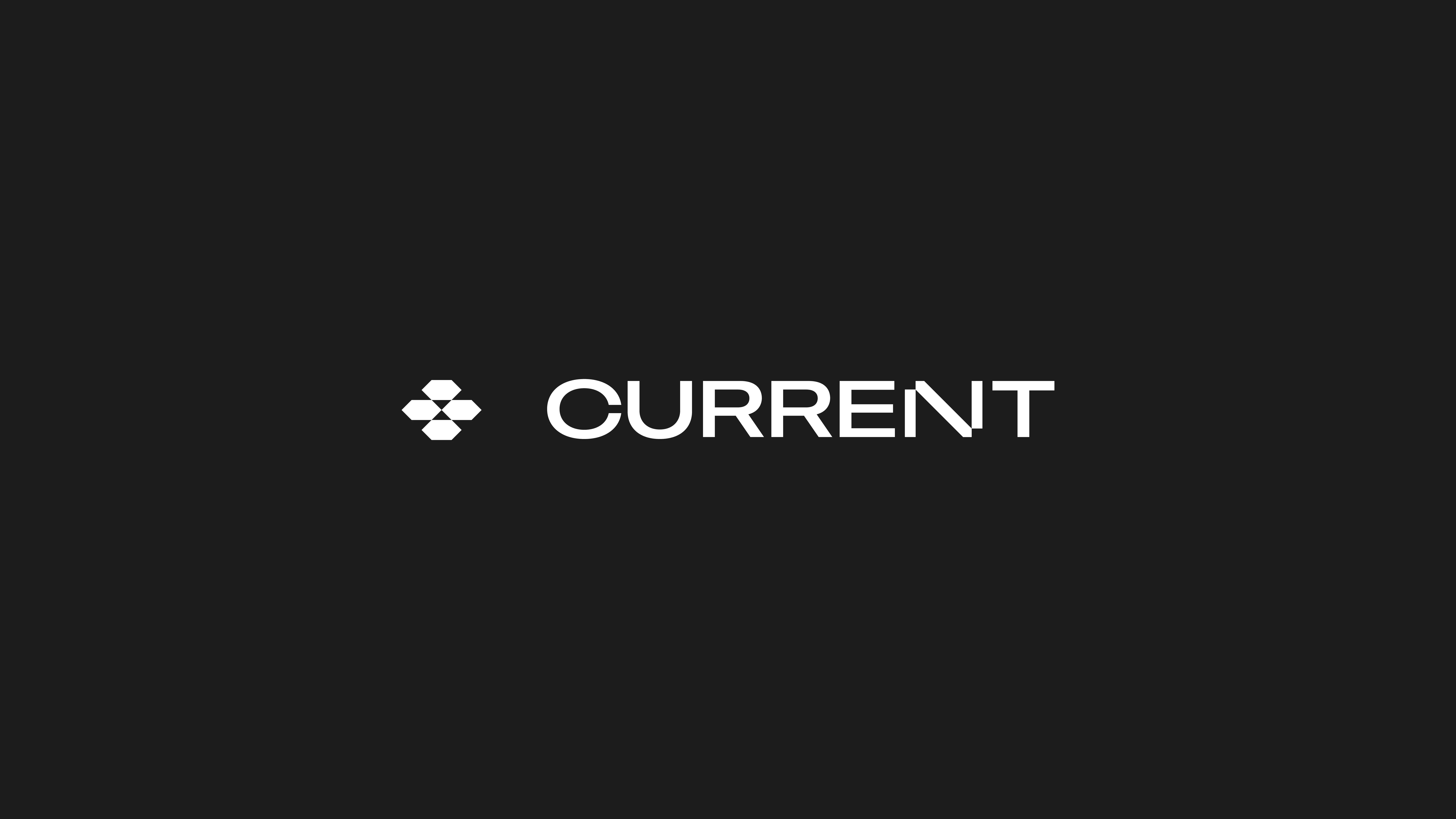 White text reading CURRENT appears next to a white geometric logo with four hexagon-like shapes, all on a solid black background.