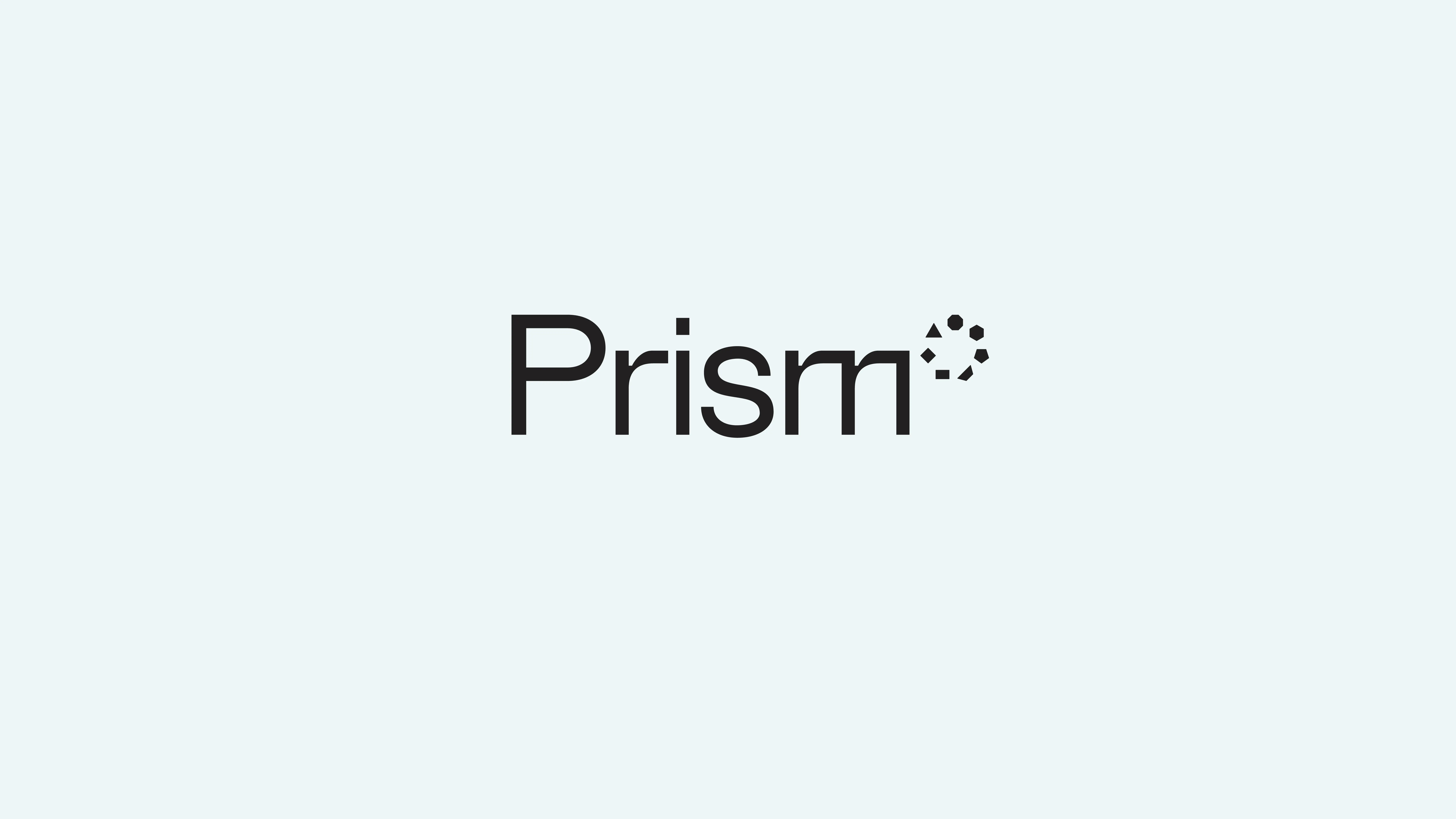 The word Prism in black text on a pale gray background. The dot above the i is replaced by a circular arrangement of small black dots.