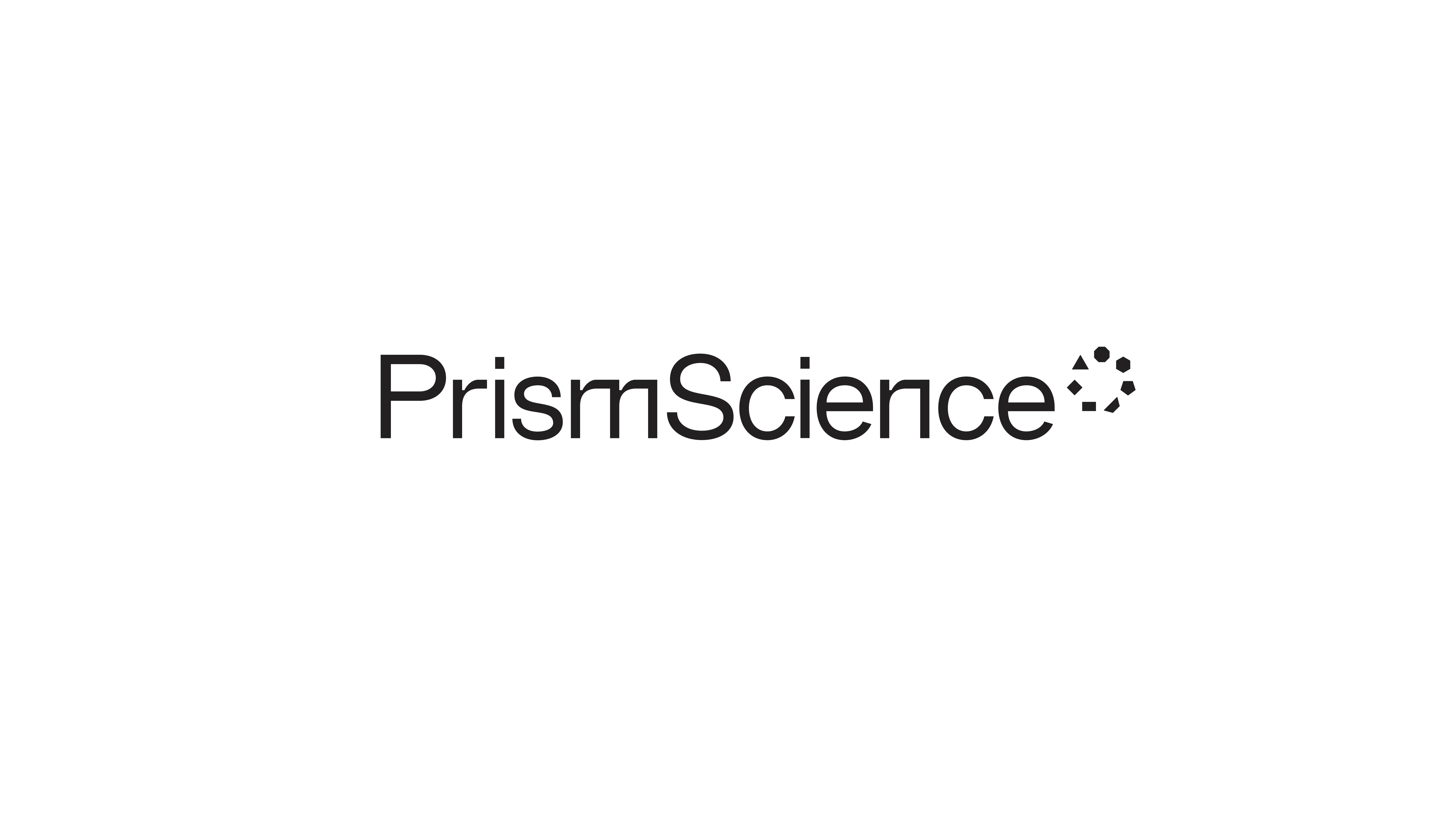 Black text logo reads PrismScience on a white background, with a circular dotted design resembling a prism or molecular structure to the right of the text.
