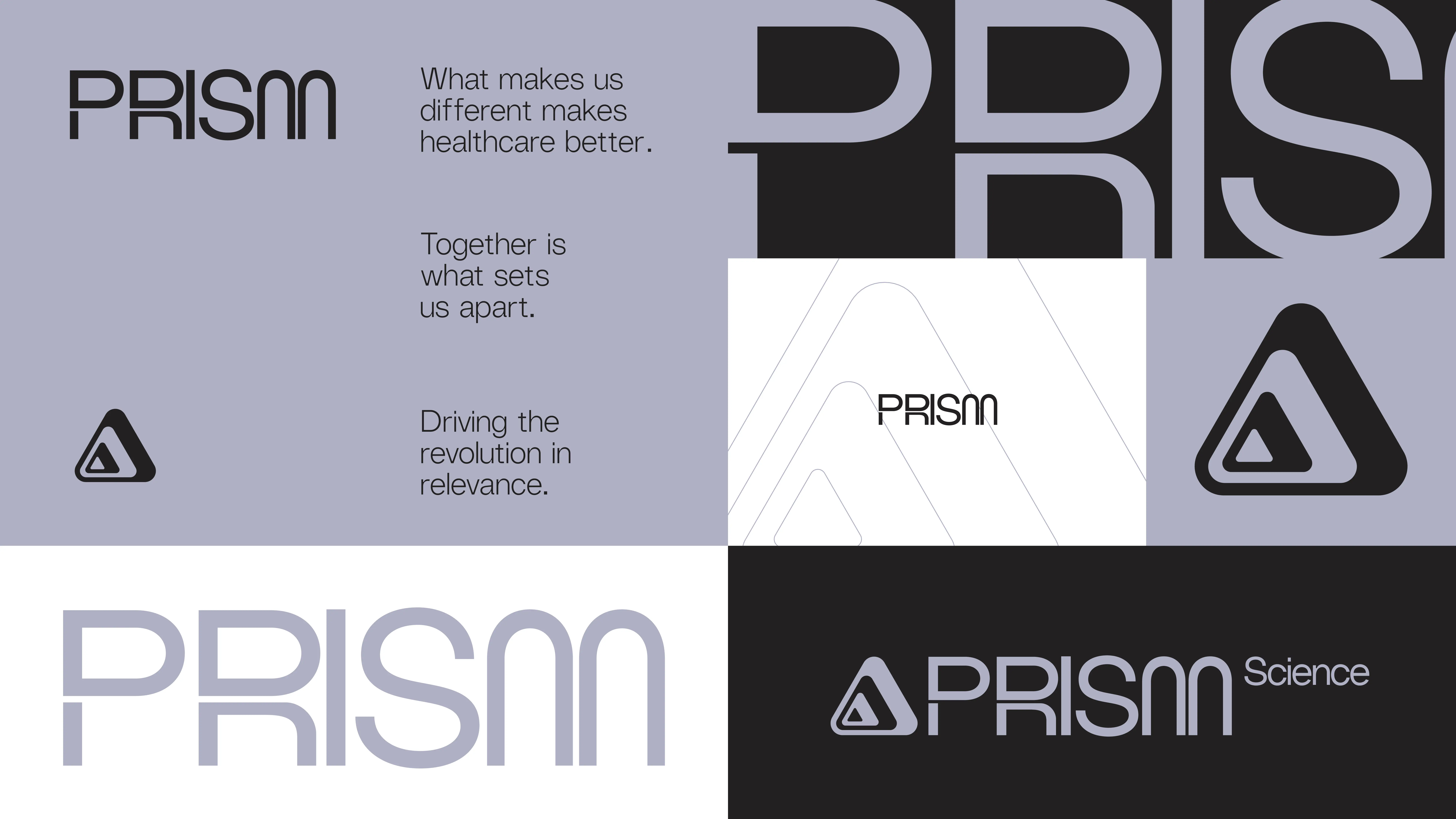 A collage features the word PRISM in various fonts and sizes, a triangle logo, and phrases like What makes us different makes healthcare better and Driving the revolution in relevance, in grey, black, and white tones.
