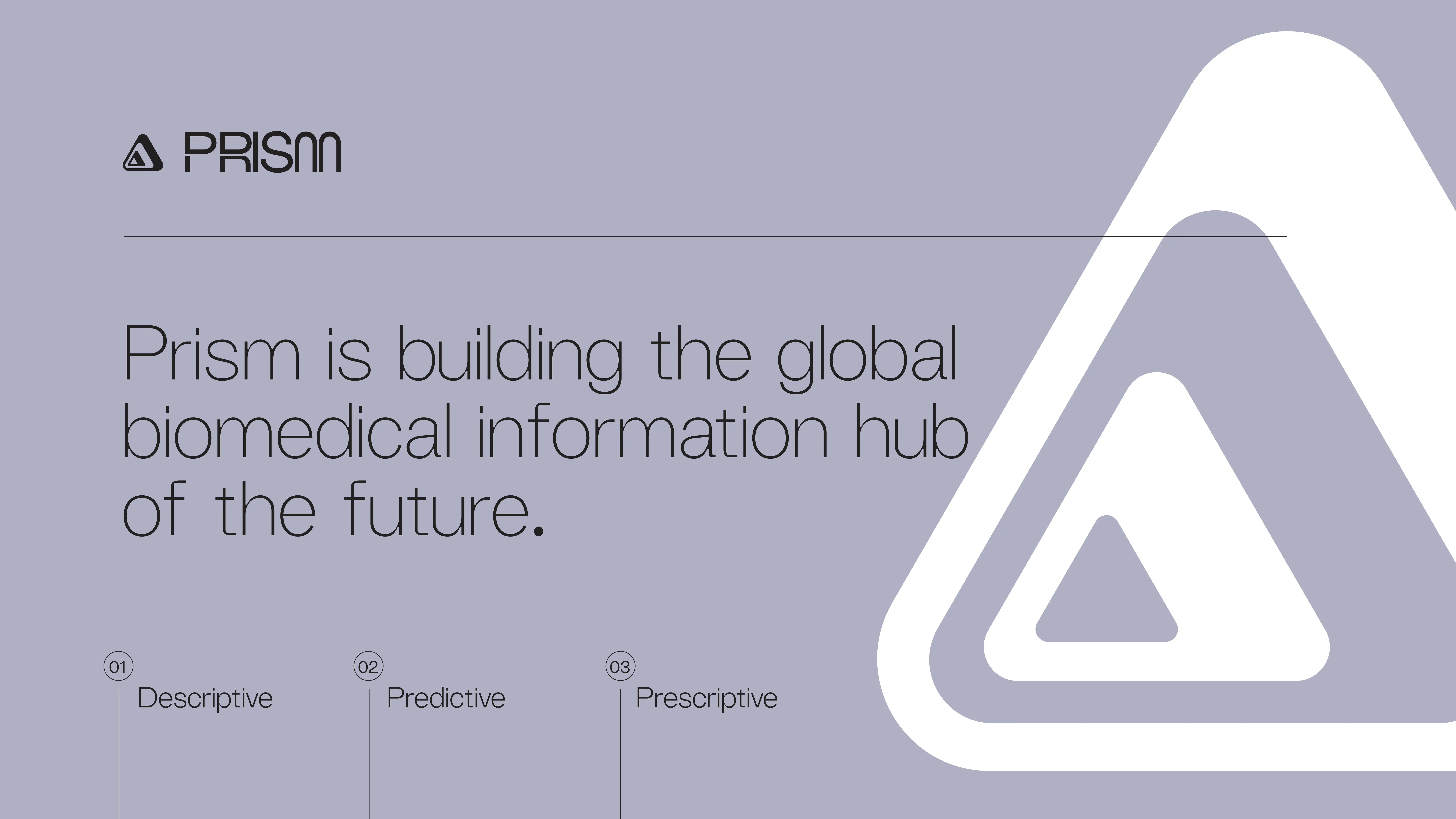 A graphic with the Prism logo and text: Prism is building the global biomedical information hub of the future. Sections labeled Descriptive, Predictive, and Prescriptive appear at the bottom. Geometric shapes are in the background.