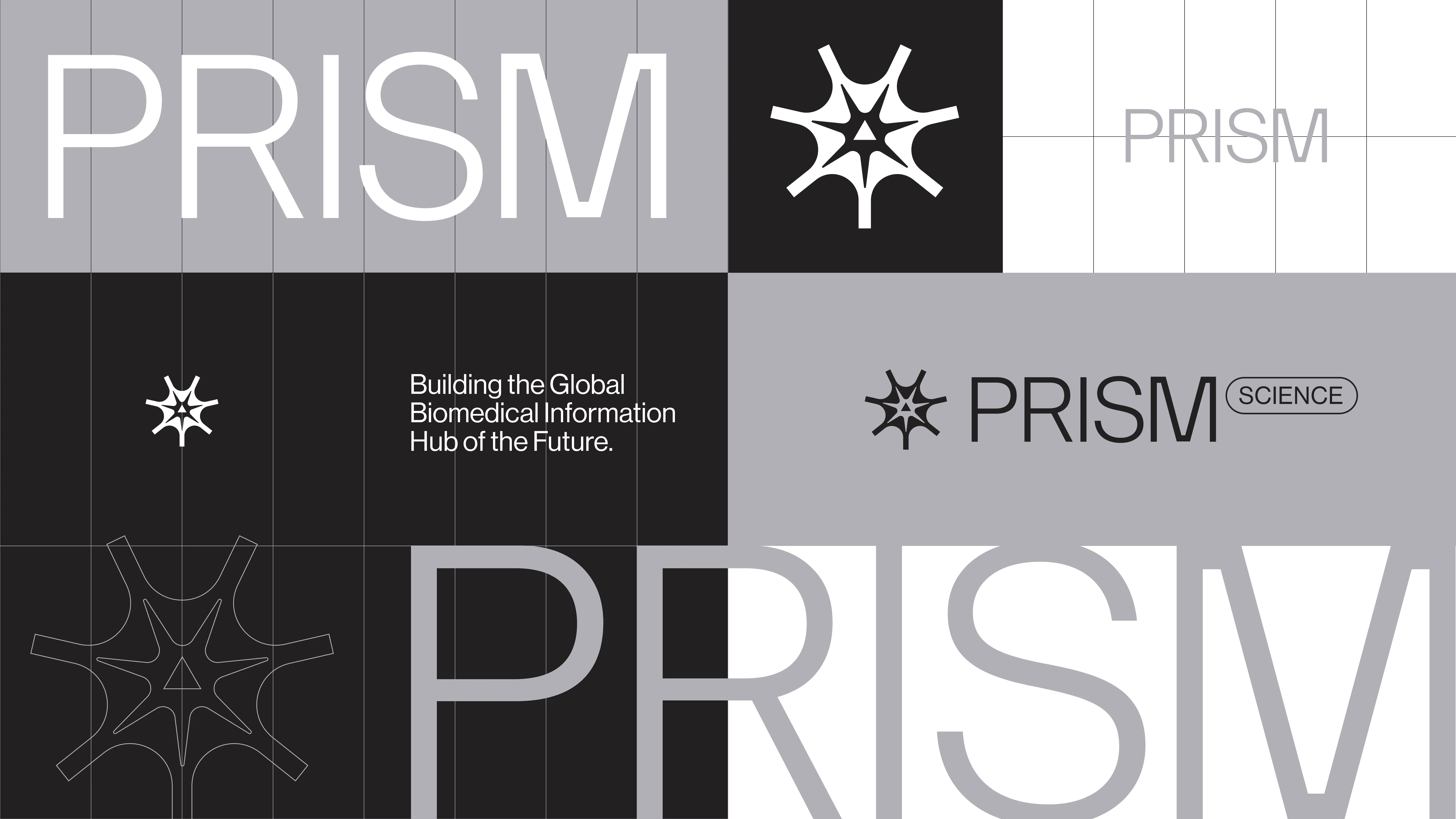 A grayscale collage features the word PRISM in various sizes and styles, a geometric star-like logo, and the text Building the Global Biomedical Information Hub of the Future. SCIENCE appears in a rounded rectangle.