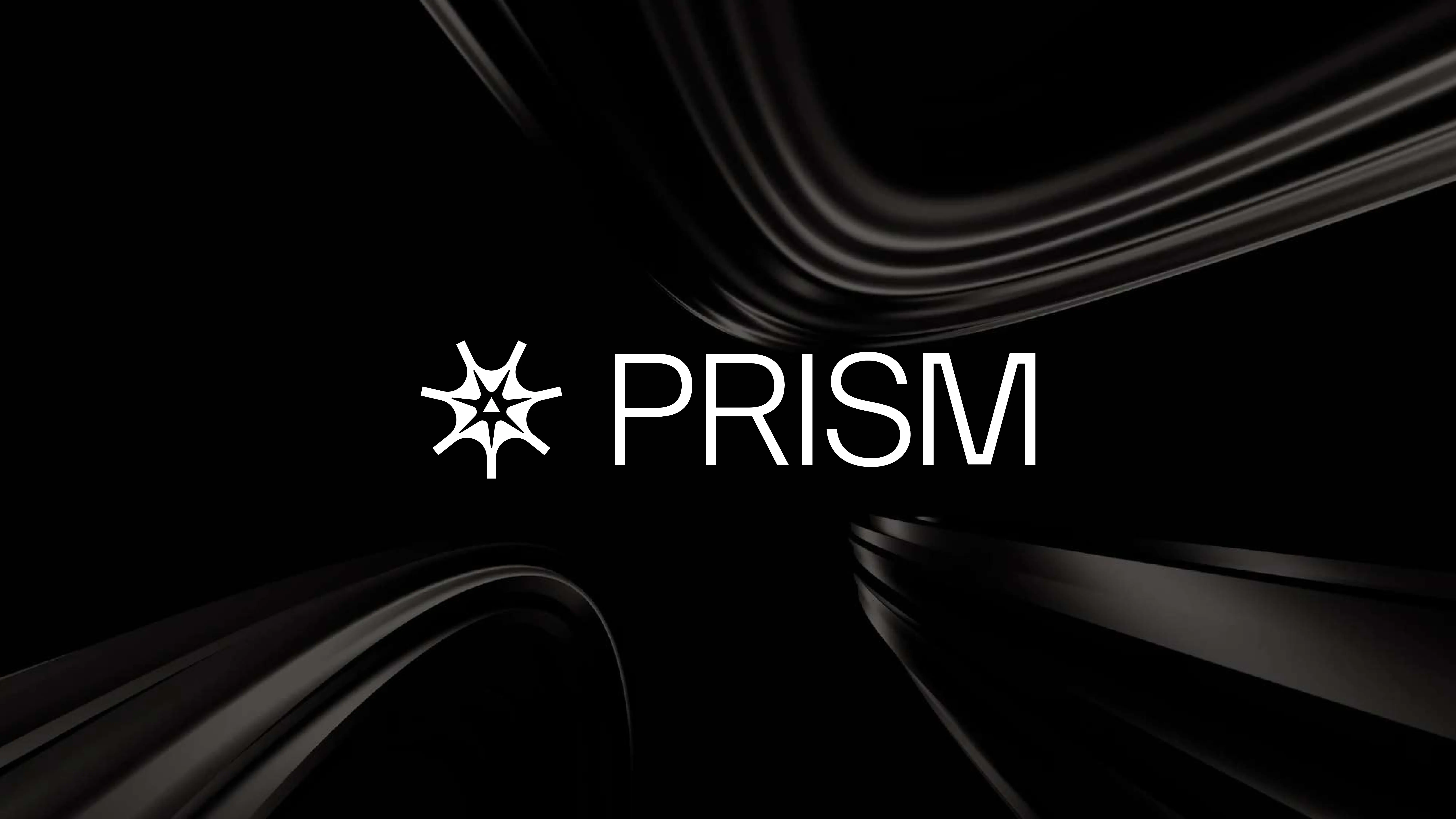 White geometric star-like logo and the word PRISM in bold white text are centered on a black background with abstract curved, glossy black shapes surrounding them.