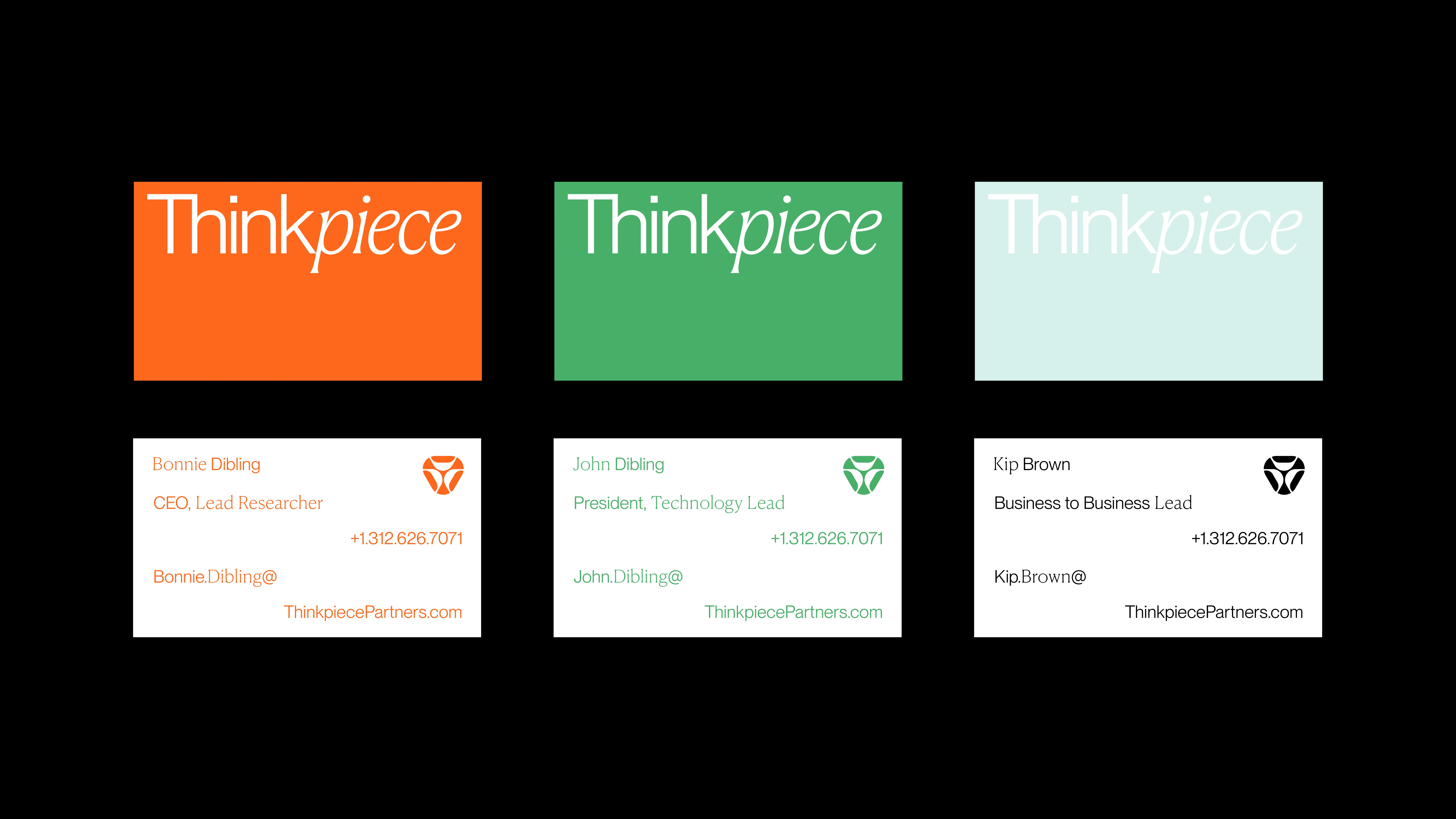 Three Thinkpiece business cards shown in orange, green, and light blue, each displaying the Thinkpiece logo, individuals name, title, contact details, and company website on a black background.
