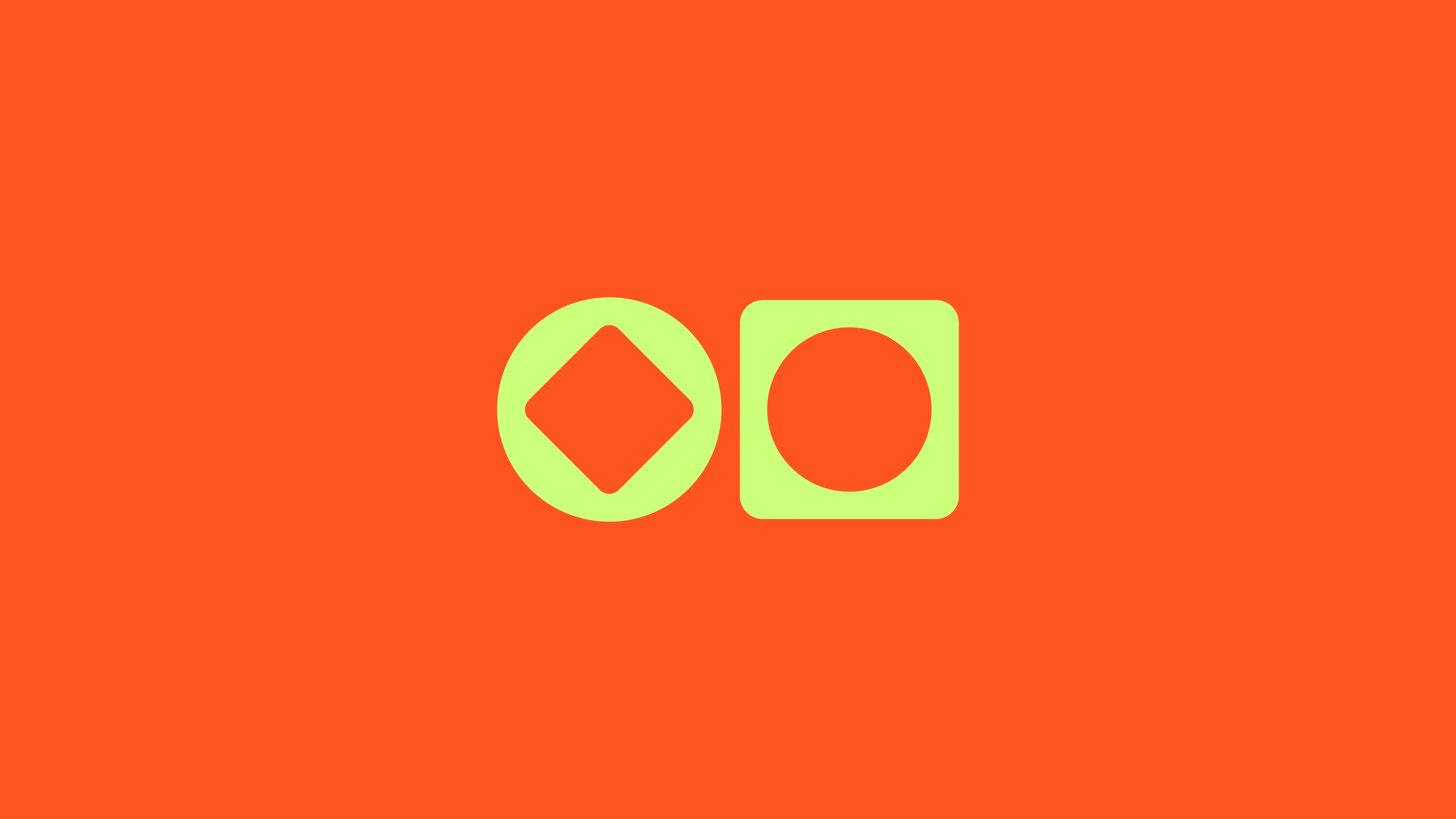 Two lime green shapes on an orange background: a circle with a diamond cut-out on the left, and a square with a circle cut-out on the right.
