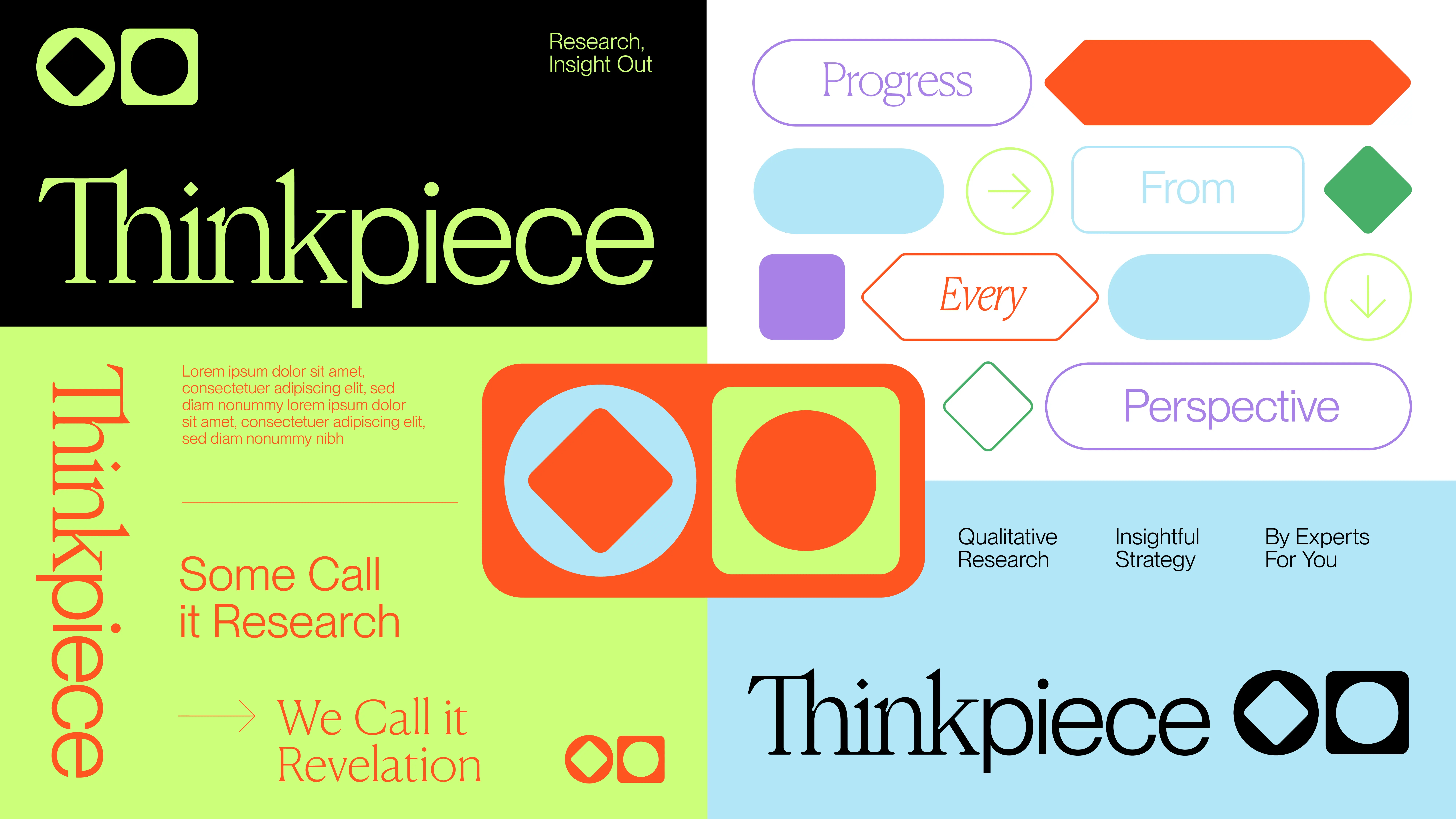 A colorful graphic with bold text reading Thinkpiece. Shapes and pastel labels include words like Progress, From, Every, and Perspective. Other phrases include Research, Insight Out and We Call it Revelation.