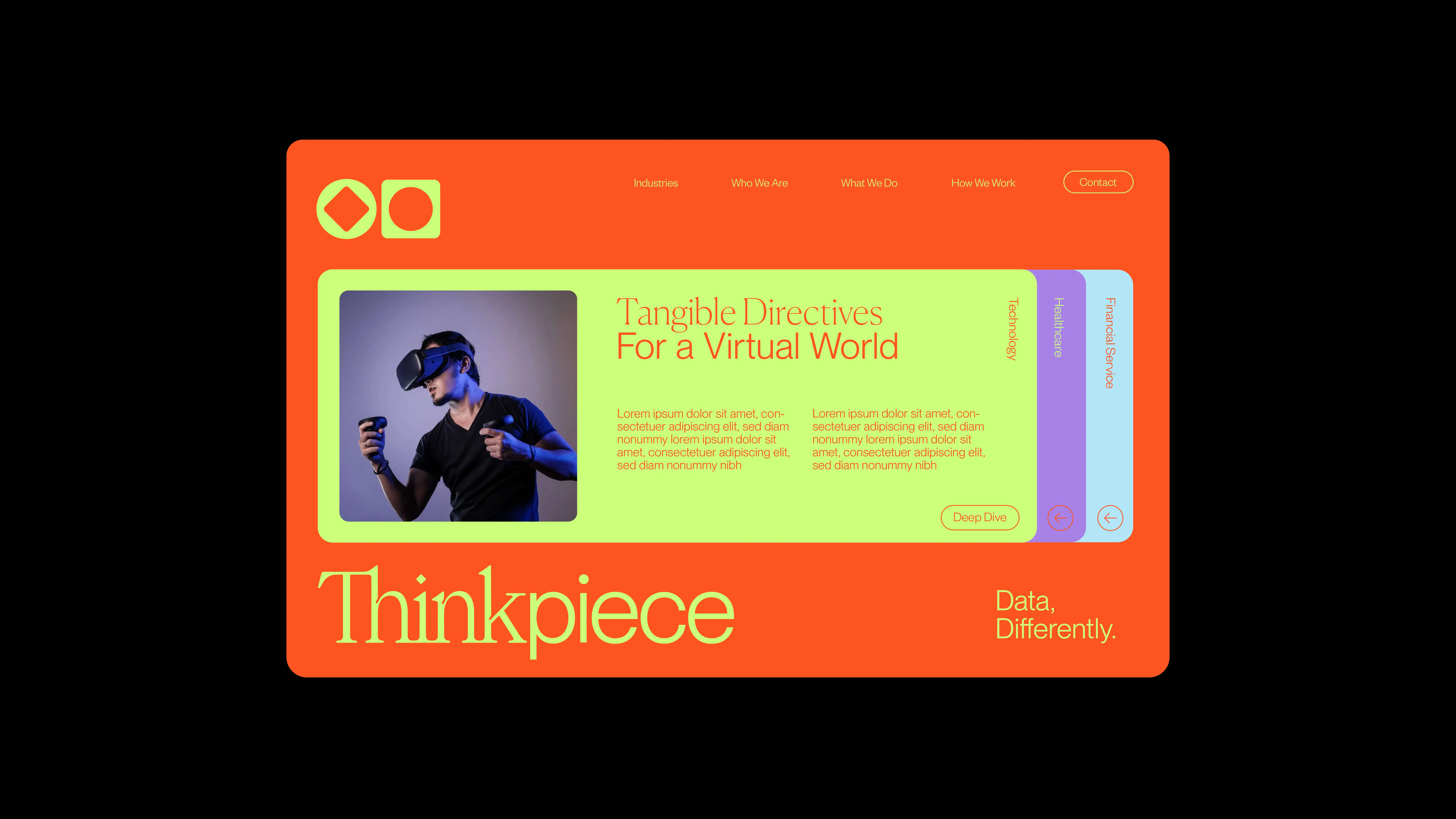A bright orange website homepage features a header, a sidebar, and a main section with a man wearing a VR headset. Text reads “Tangible Directives For a Virtual World” and “Thinkpiece. Data, Differently.” with navigation tabs on the right.