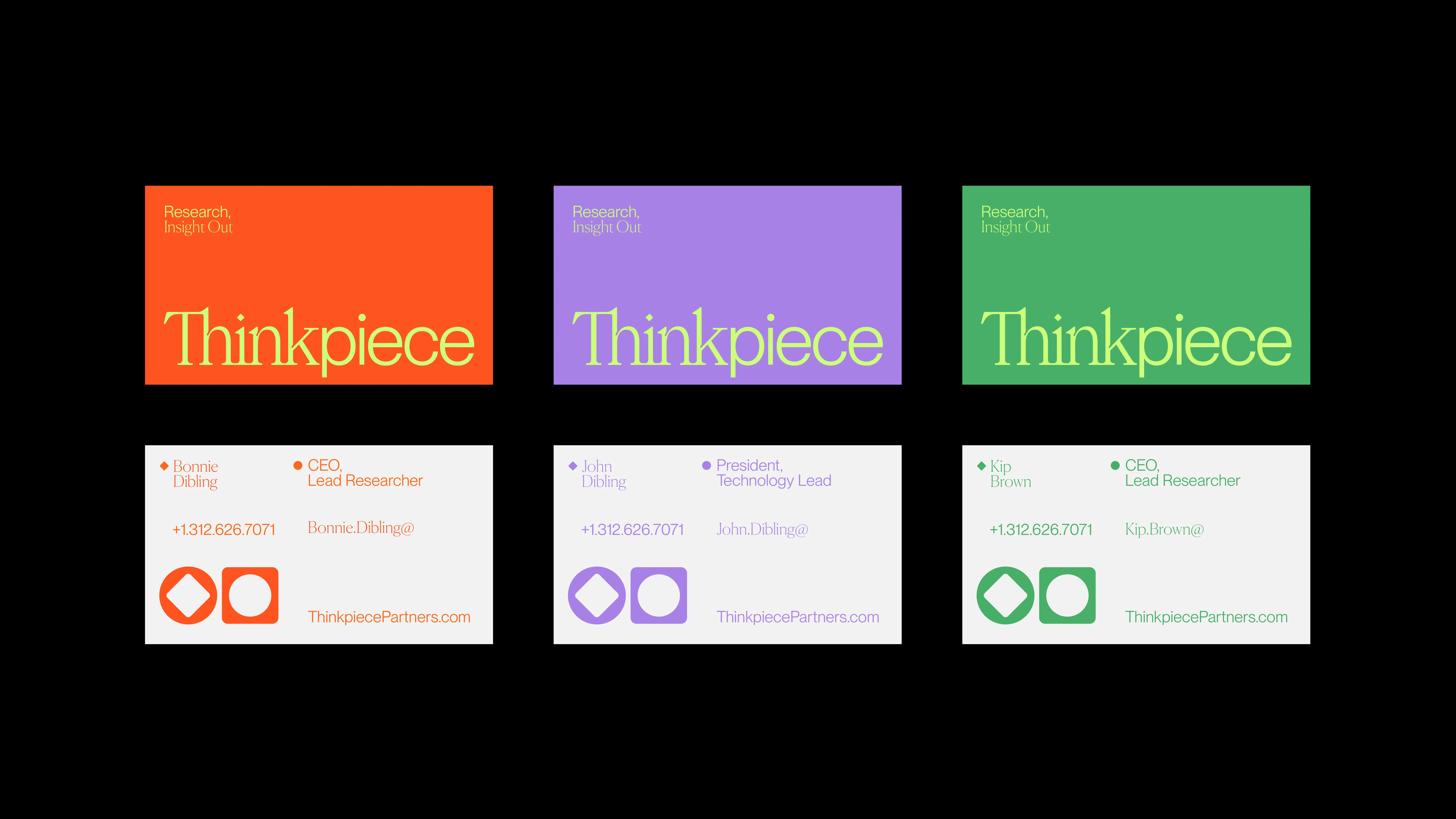 Three colorful business cards for Thinkpiece, each with different color themes (orange, purple, green) and individual contact details, positioned above matching logo designs and personal information.