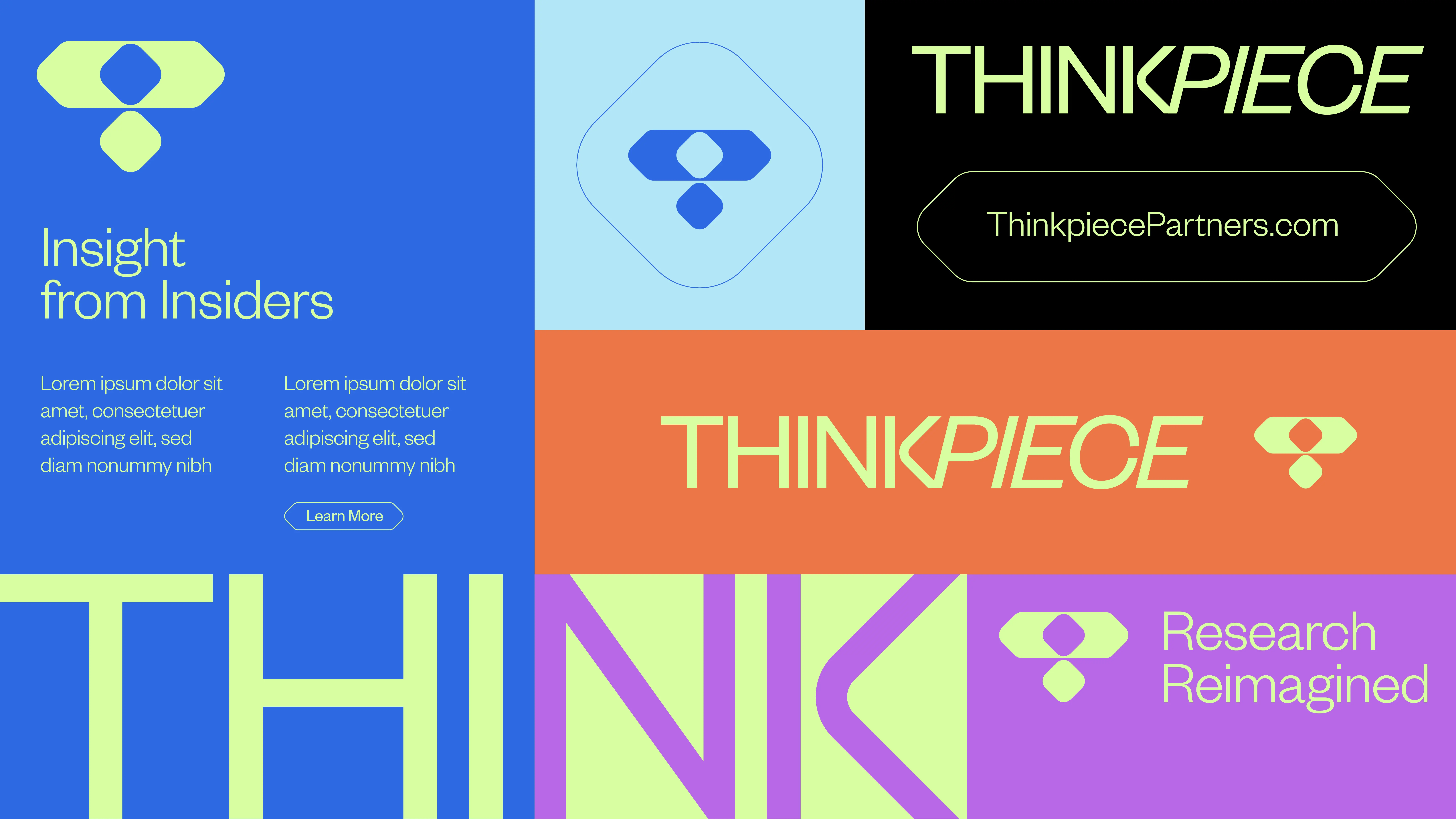 A collage with various blocks showing the word “THINKPIECE,” a geometric logo, and phrases like “Insight from Insiders” and “Research Reimagined” in modern, pastel colors. A website URL is also displayed.