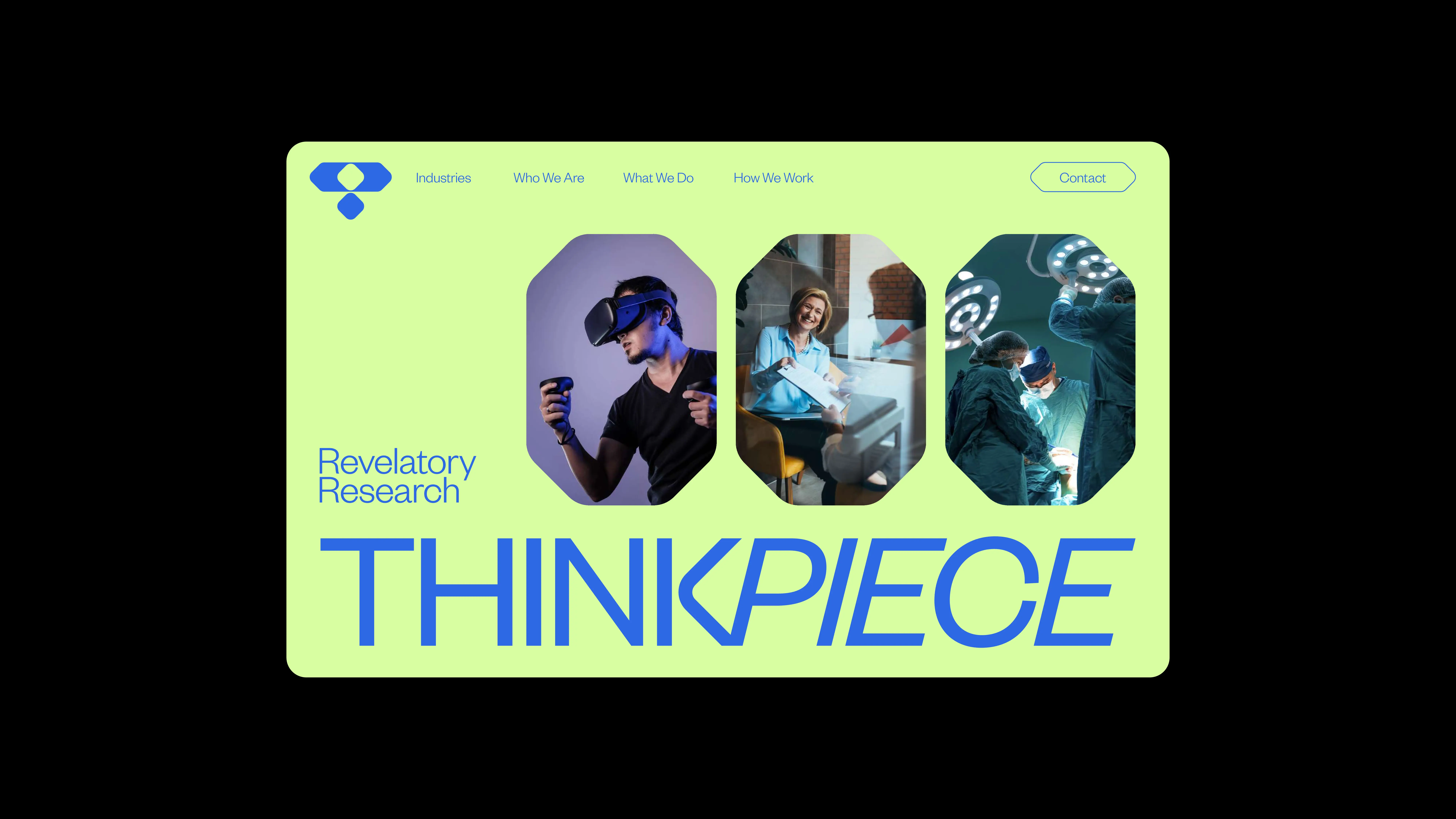 A website header with the title Revelatory Research THINKPIECE. Three images show a person using VR goggles, a woman smiling in an office, and surgeons operating. Navigation links and a Contact button are at the top.