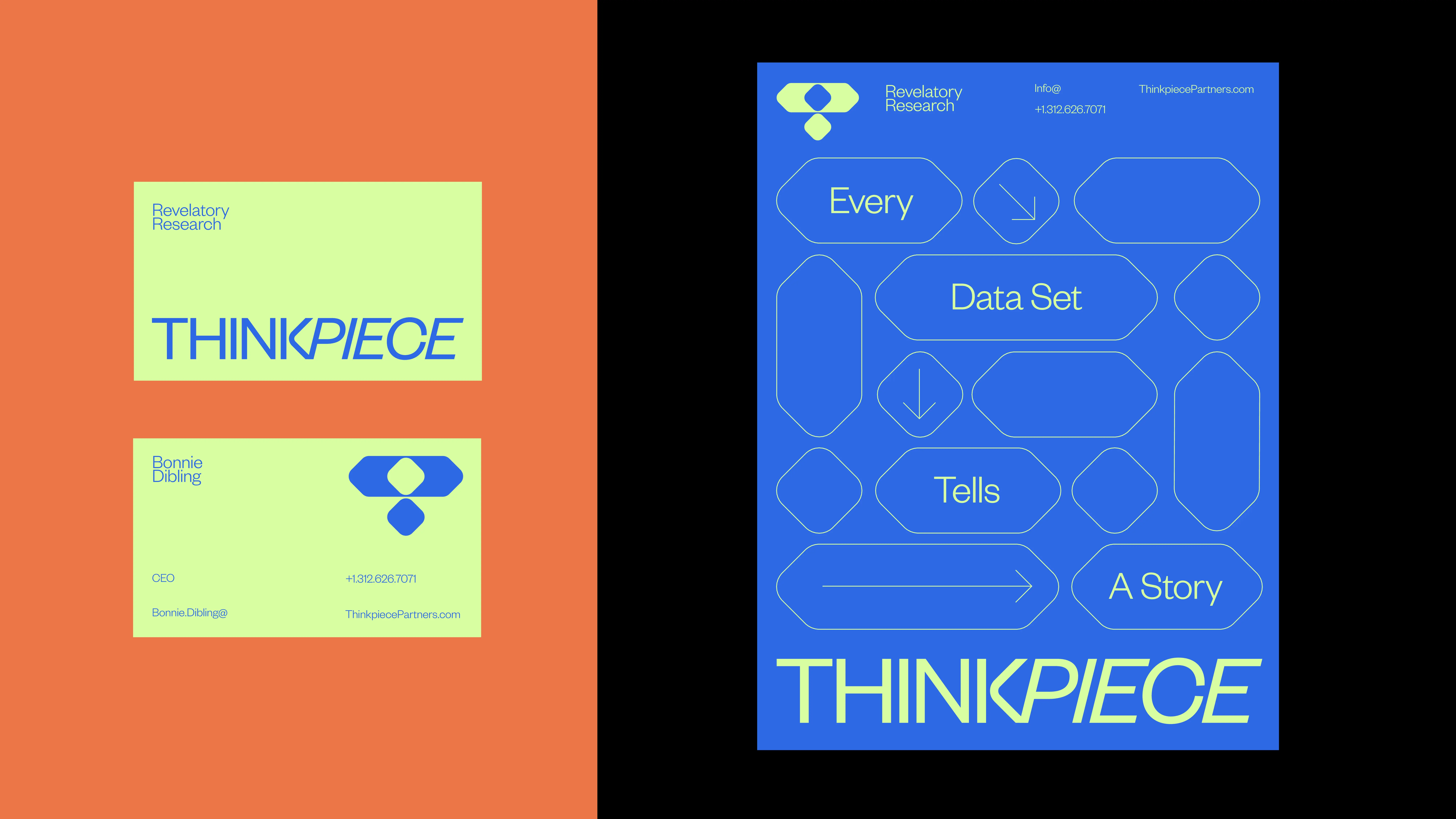 Three graphic designs: two green business cards on the left and a blue poster on the right with geometric shapes and the text Every Data Set Tells A Story and “THINKPIECE” at the bottom.