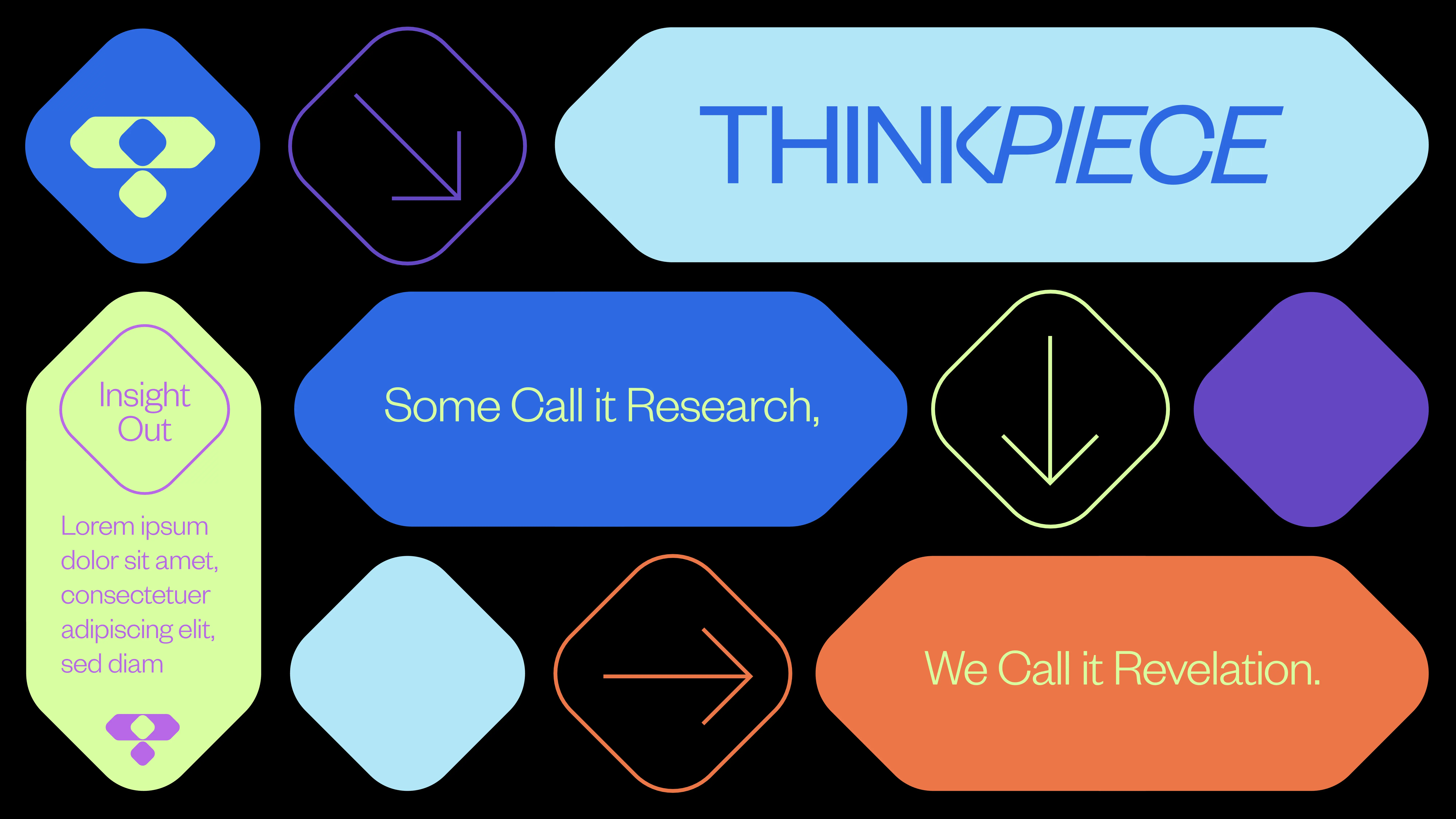 A graphic with colorful geometric shapes containing phrases like THINKPIECE, Some Call it Research, We Call it Revelation, and placeholder text, all on a black background.
