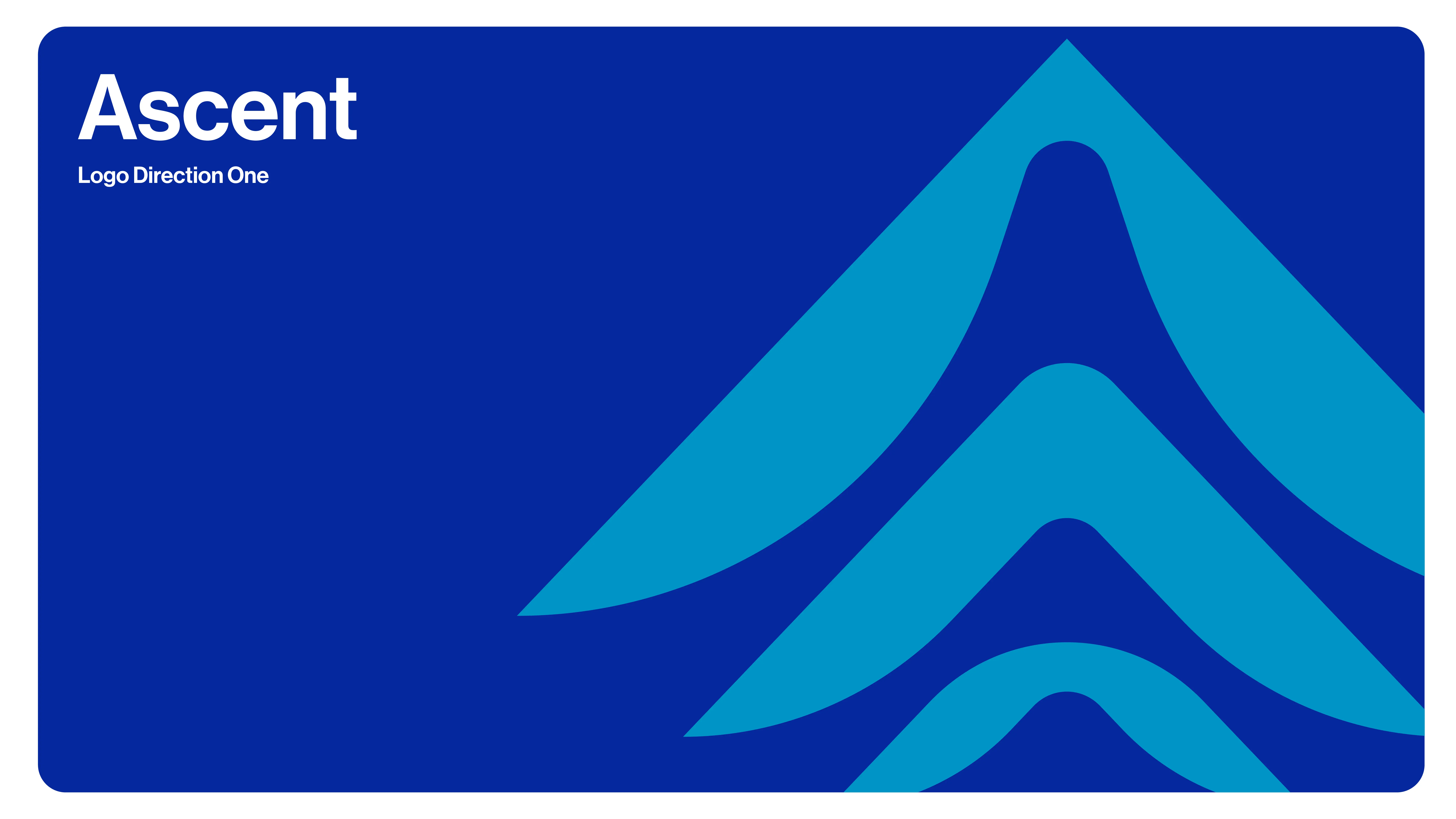 A blue background with the word Ascent and Logo Direction One in white text at the top left, featuring three stylized upward-pointing blue shapes on the right side.
