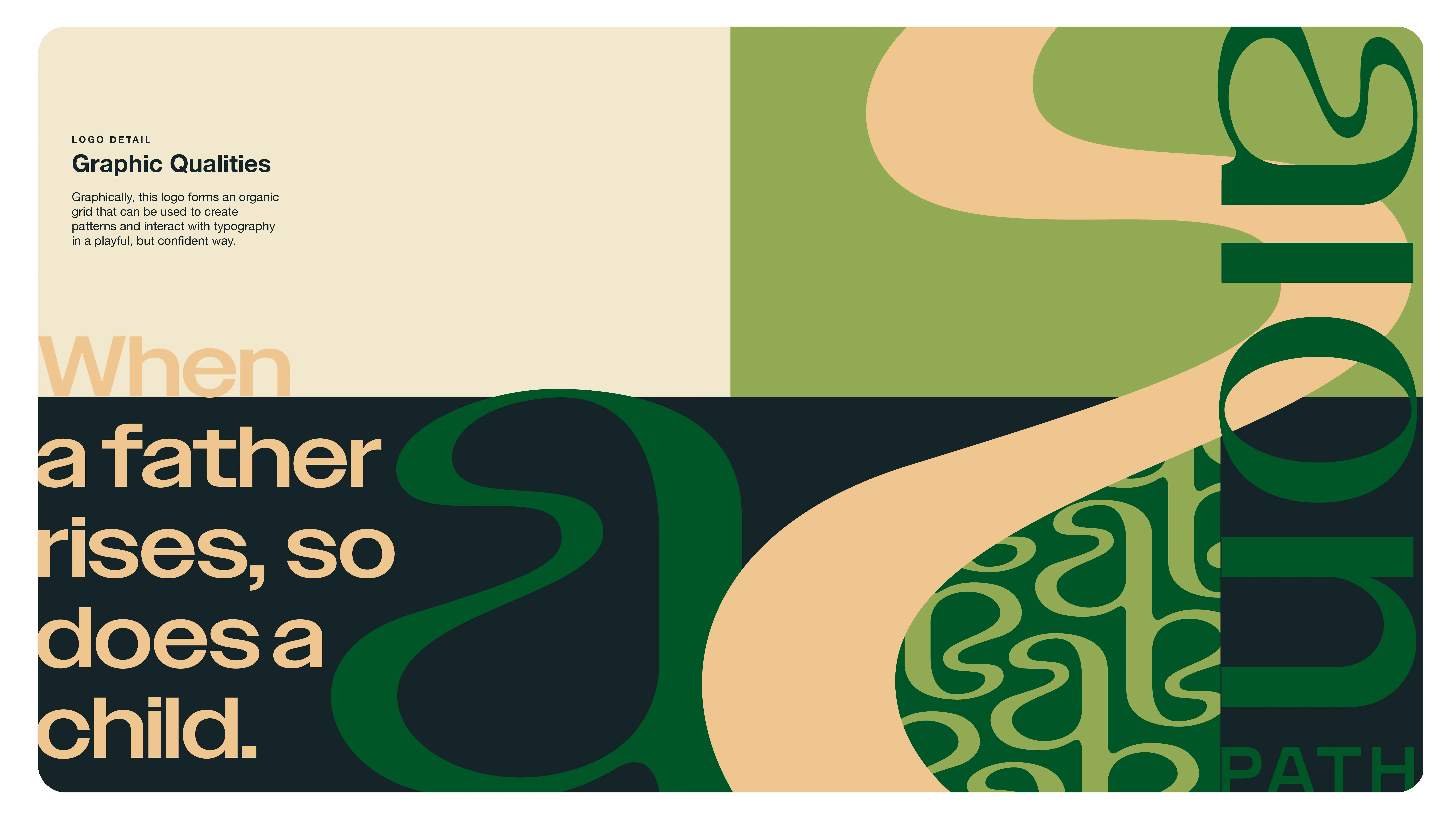 A graphic with abstract green and beige organic shapes, bold typography, and text reading “When a father rises, so does a child.” The design emphasizes overlapping letters and flowing forms.