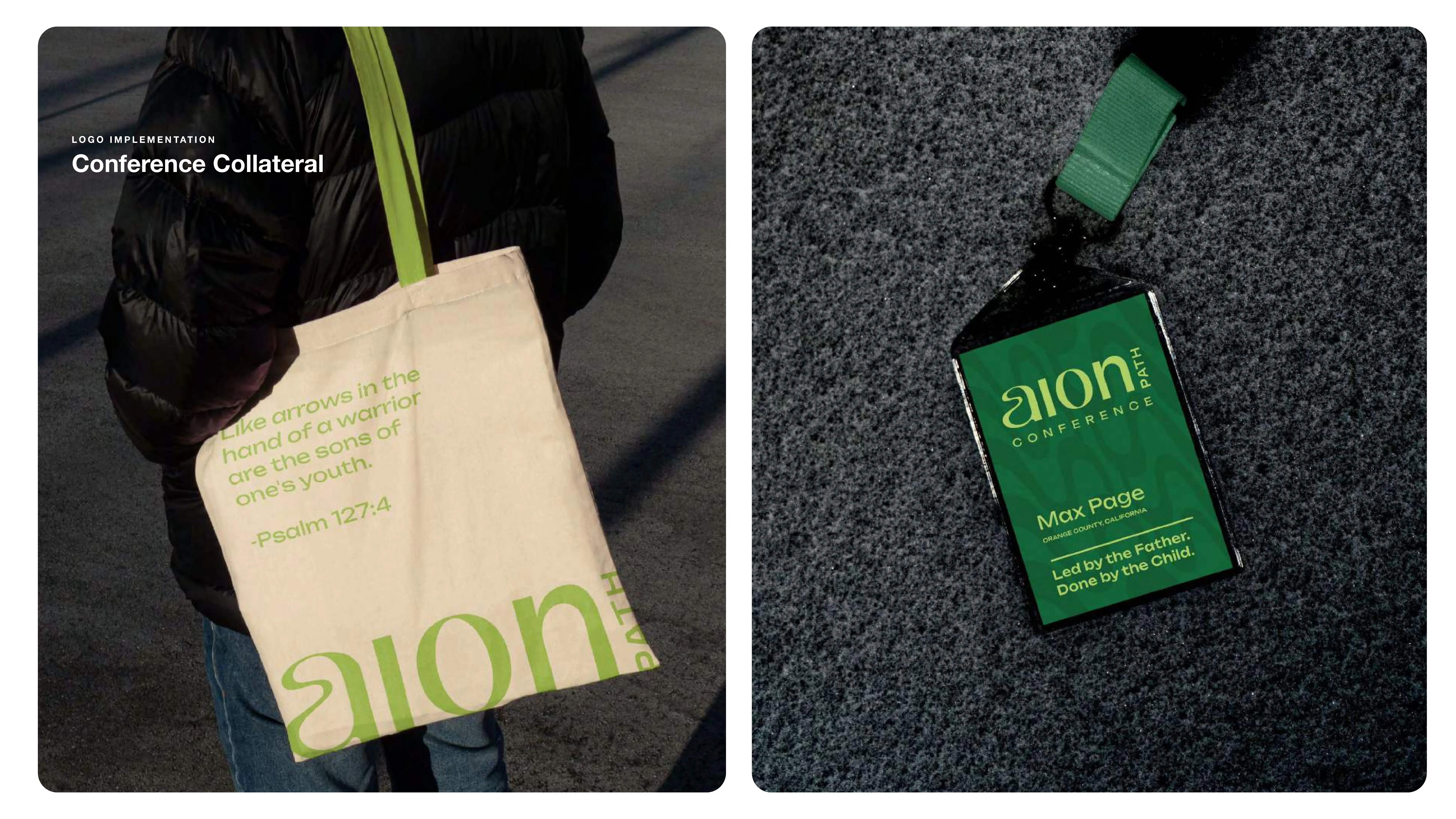 A person carries a beige tote bag with green text and a Bible verse printed on it. Next to it, a green lanyard holds a conference badge labeled Zion Conference and Max Page.