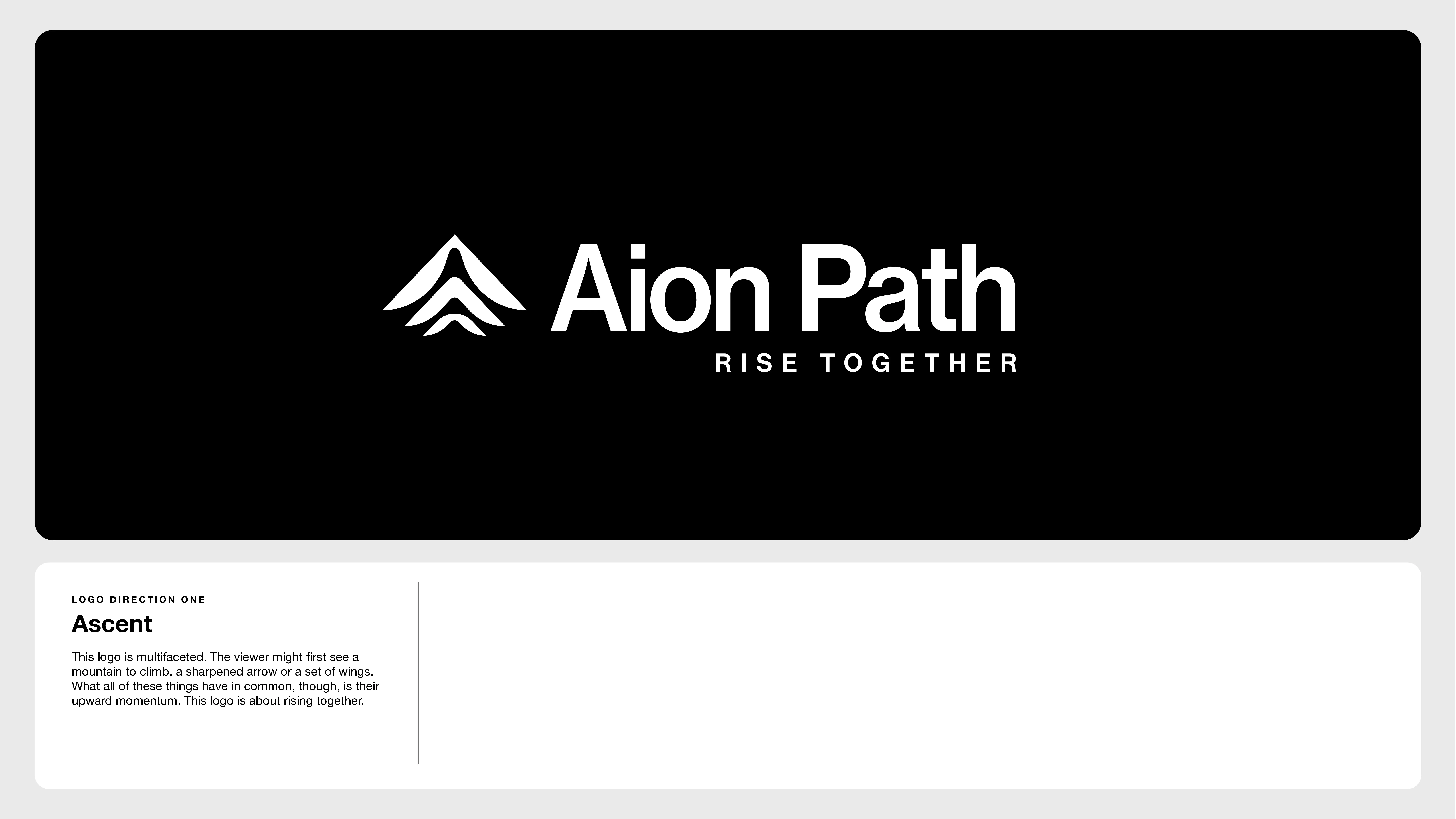 A black background features a white logo with three upward sloping lines resembling a mountain, next to the text Aion Path and the tagline Rise Together below it. Text at the bottom describes the logo concept.