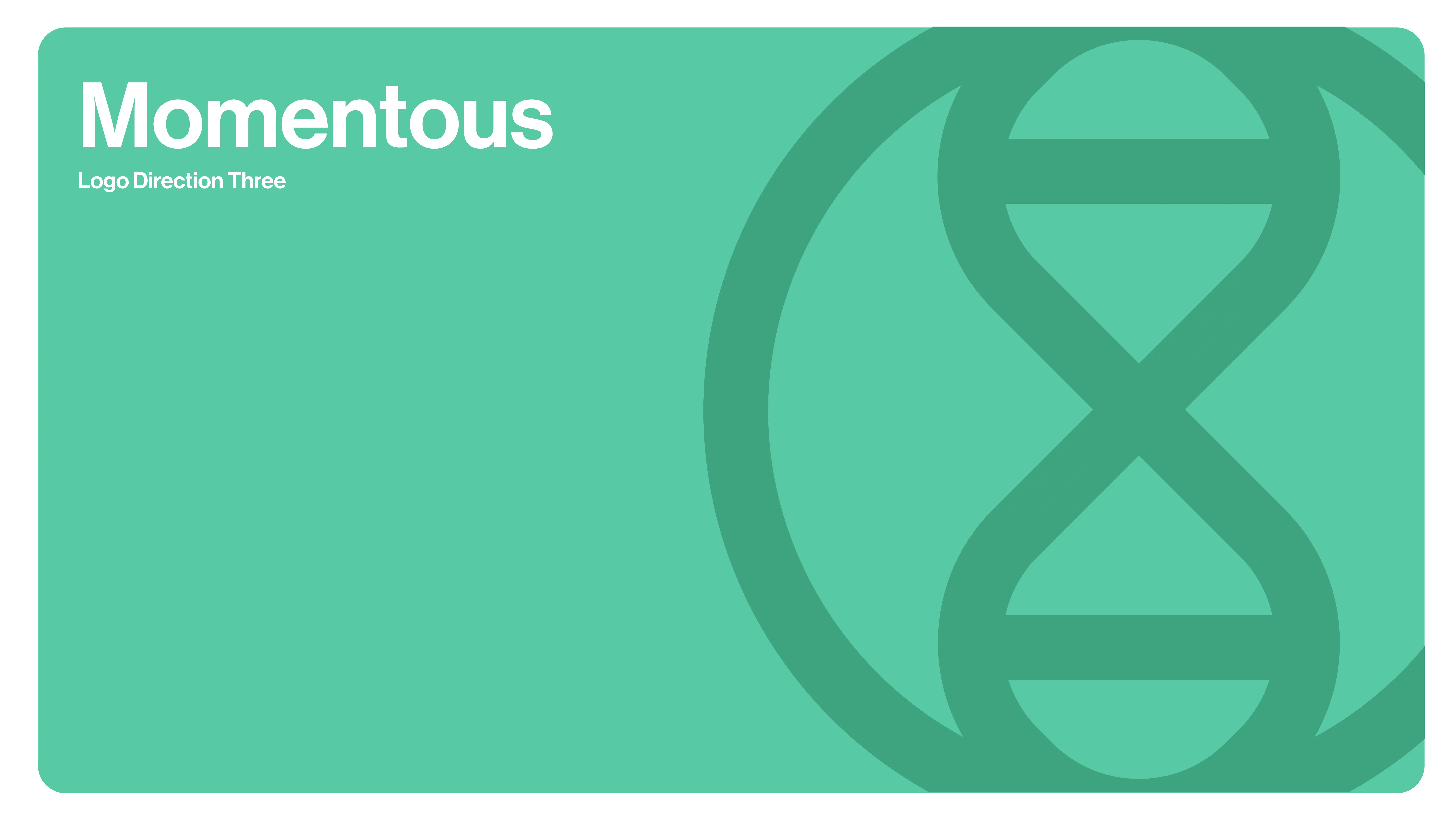 A green background with the word Momentous and Logo Direction Three in white text at the top left, and a large, stylized DNA double helix icon on the right side.
