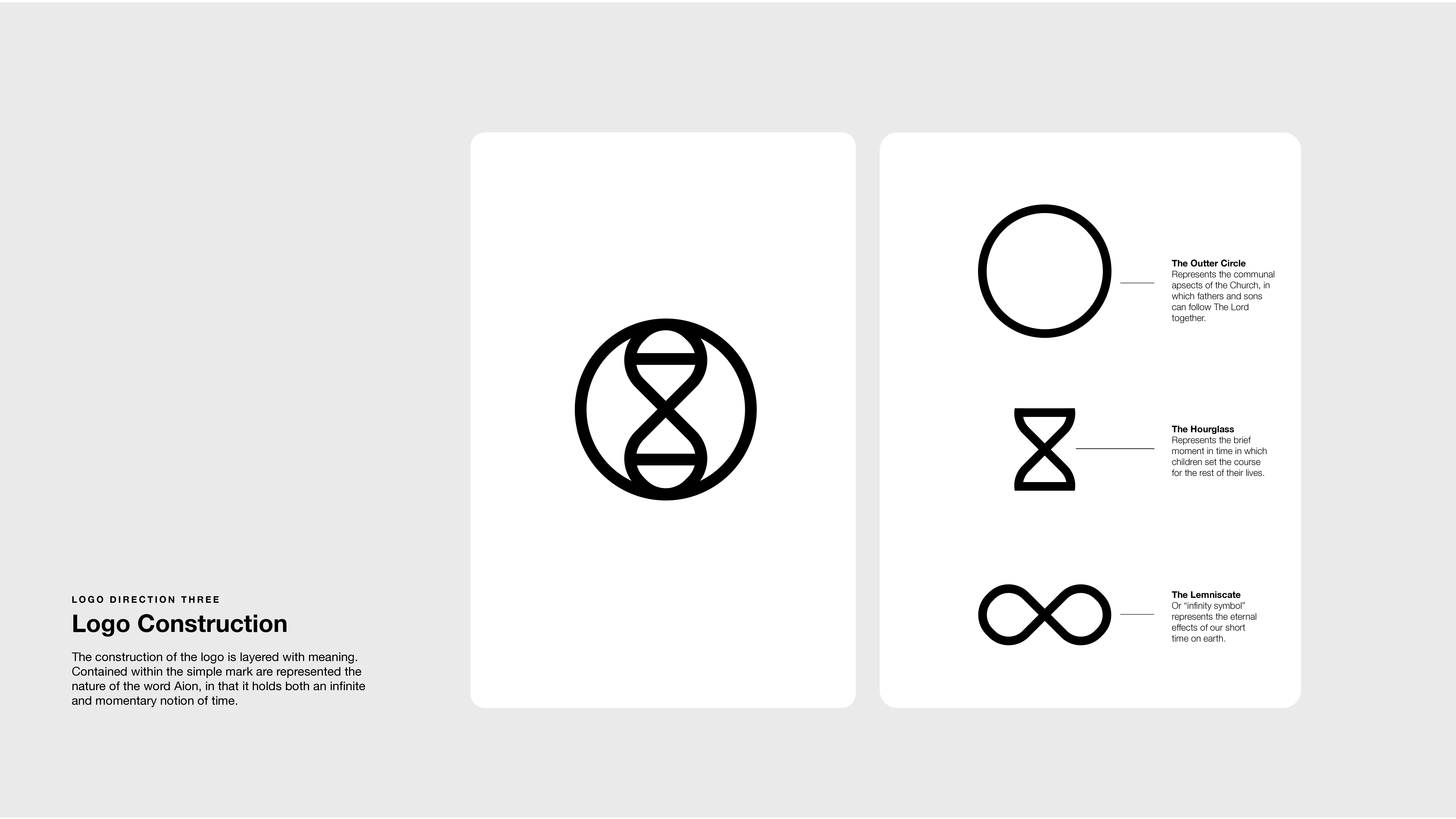 A logo construction diagram shows a circular logo made of combined shapes: a circle, an hourglass, and an infinity symbol. Each shape is labeled with a description of its meaning. Text at the bottom explains the logo concept.