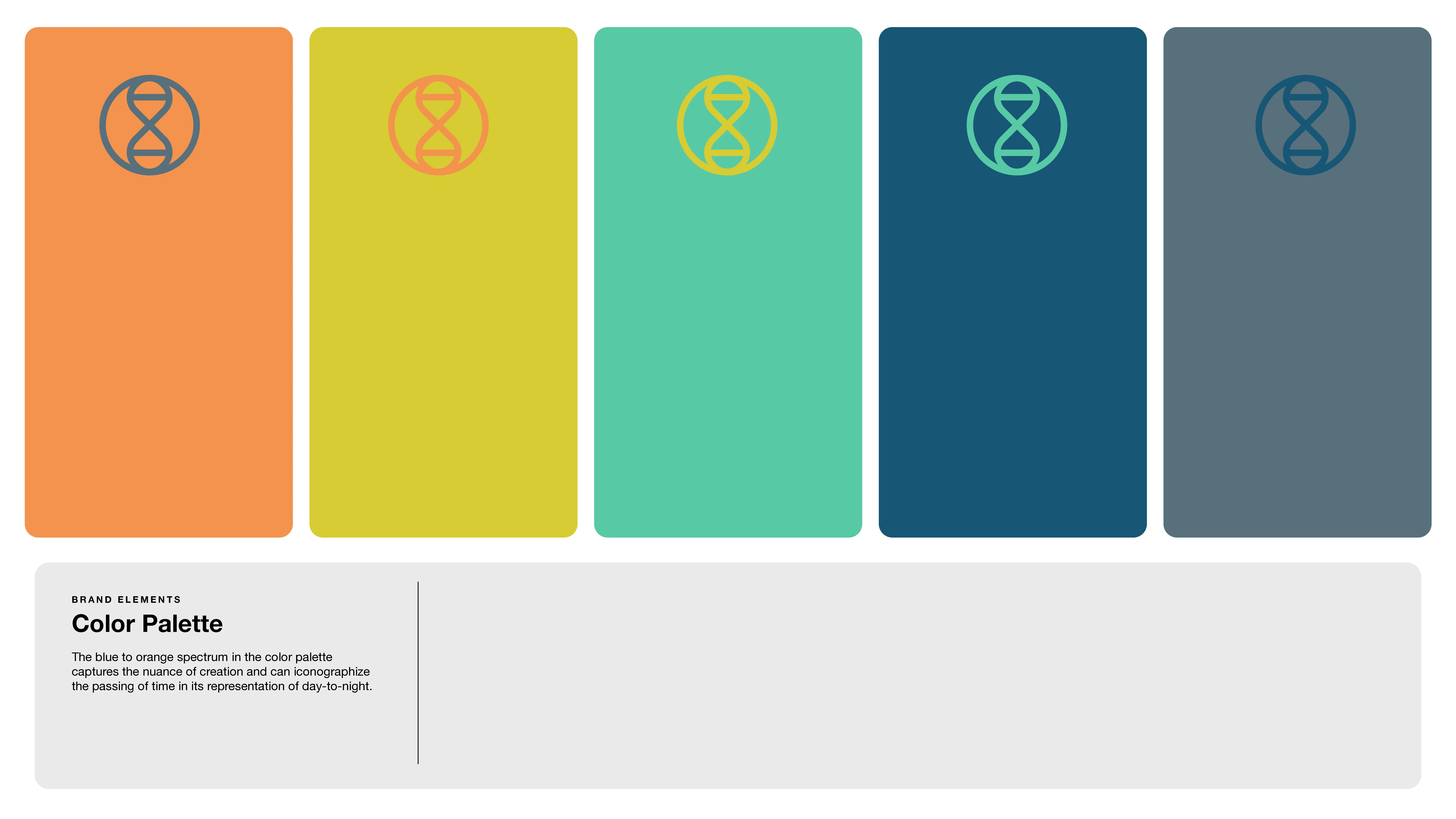 Five vertical rectangles in orange, yellow, teal, blue, and navy, each with a circular DNA icon in a contrasting color. Below, text describes the color palette as representing the dawn-to-twilight spectrum.