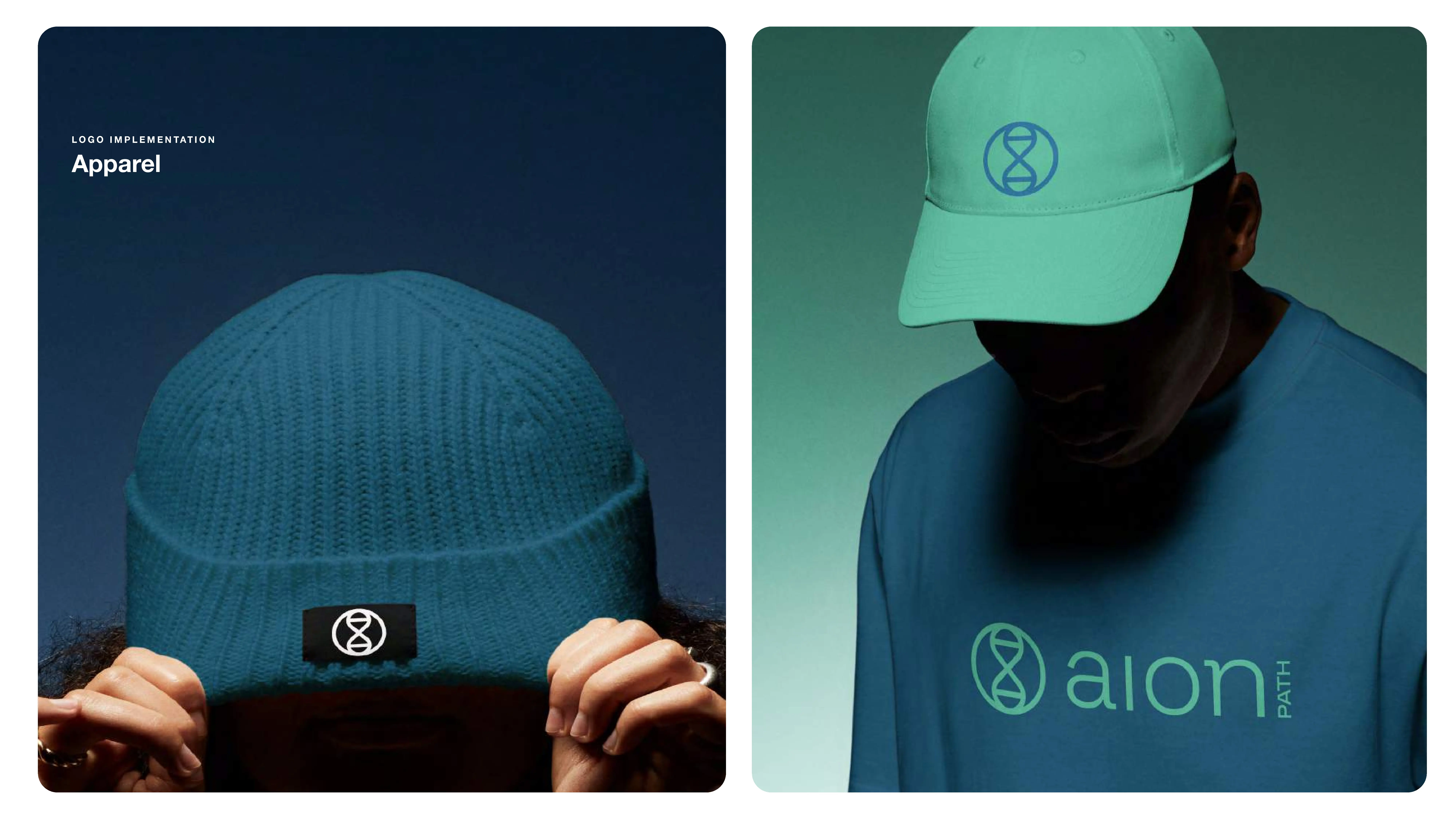 Two-panel image showing branded apparel: left, a person lowers a teal knit beanie with a black logo patch; right, a person wears a teal cap and shirt featuring the same circular logo and the word aion.