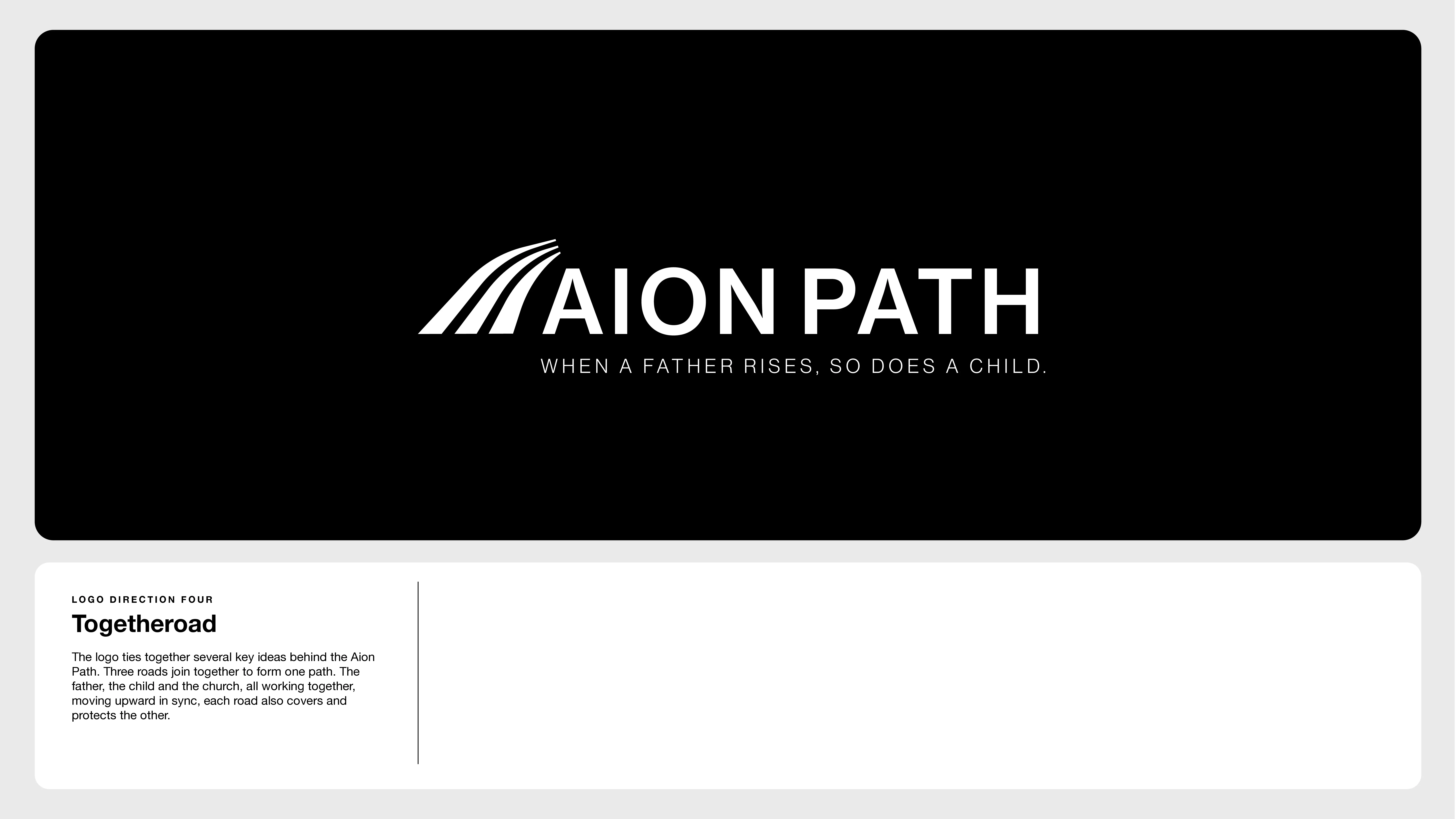 A black background features the AION PATH logo with stylized curved lines and the tagline When a father rises, so does a child. Below, a description explains the logos symbolism of fathers guiding children.