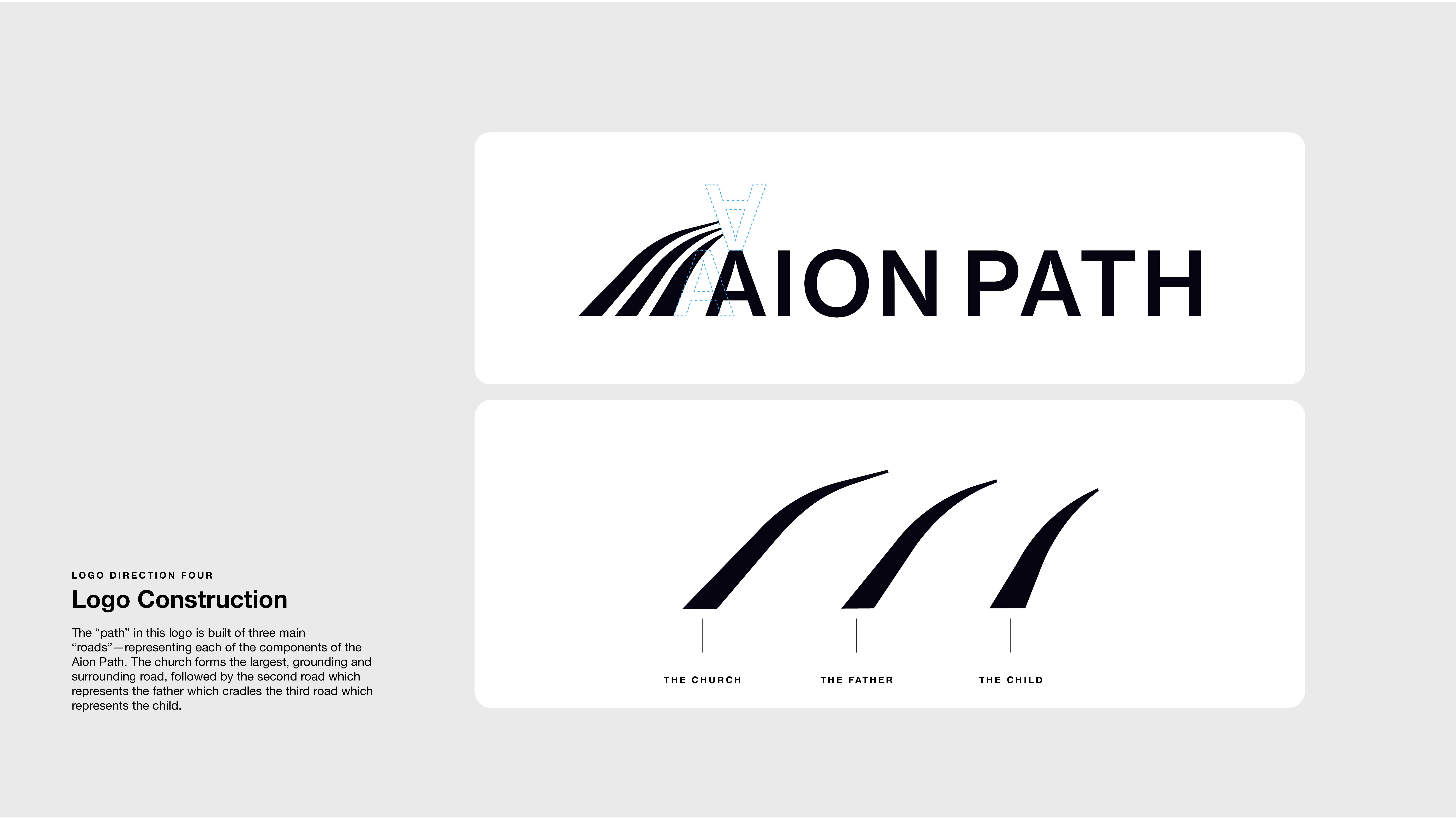 Logo design with the text AION PATH beside a stylized road and letter A. Below, three stages illustrate the logo construction labeled The Church, The Father, and The Child. Text explains the design concept.
