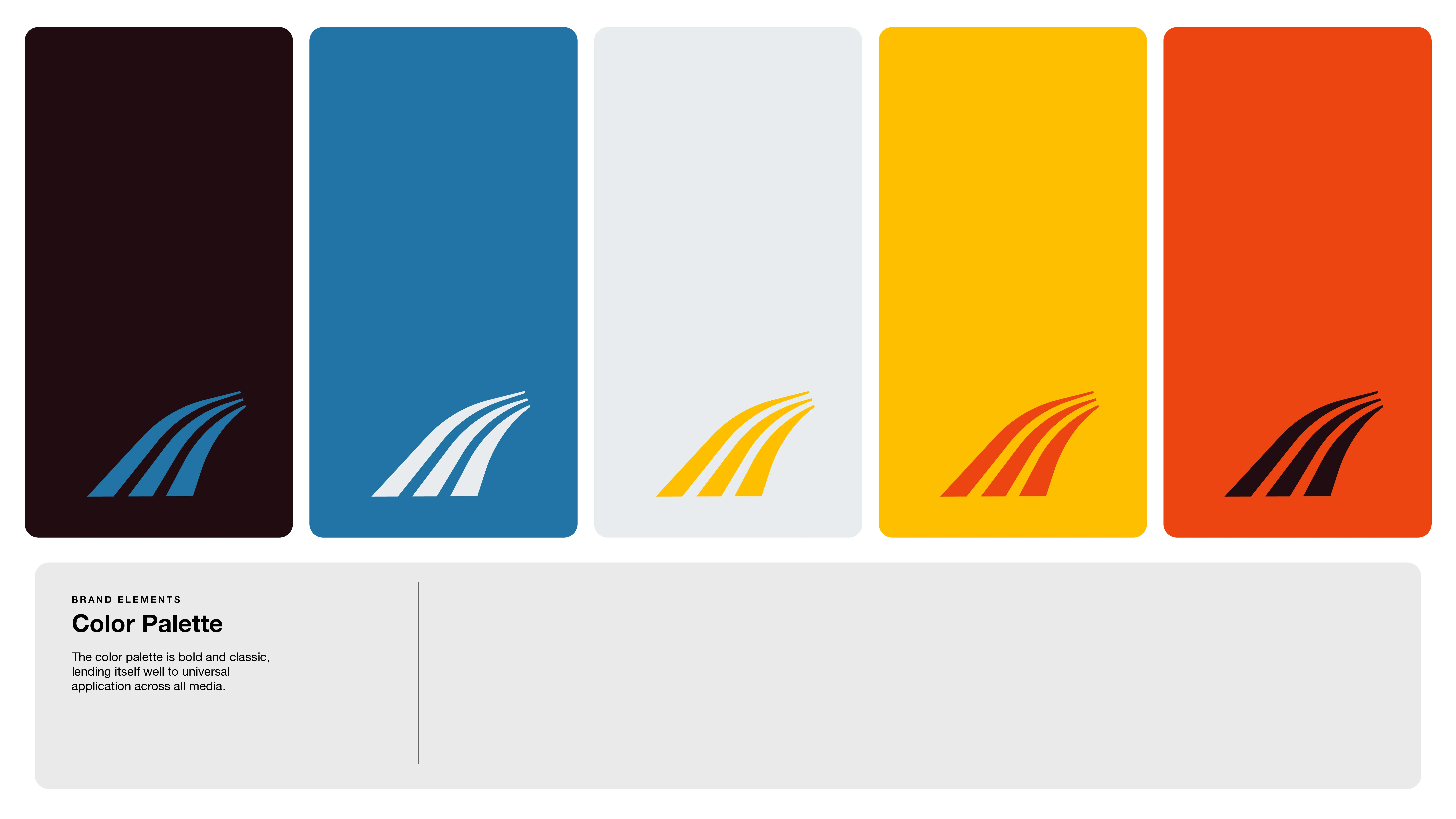 Five rectangular color swatches—dark brown, blue, yellow, orange, and red—each featuring a stylized white or black logo with three upward diagonal lines. Text below describes these as part of a brand color palette.